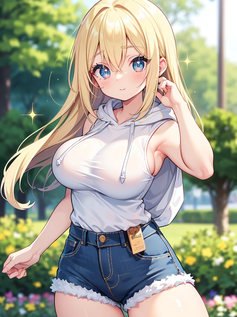 (Masterpiece, Top quality:1.5), nsfw, (dynamic angle:1.2), (1 beautiful girl, solo:1.2), dynamic pose, (Blonde hair:1.3), medium Hair, forehead:1.2, low ponytail, slicked back hair, wavy Hair, airy hair, large breasts:1.3, 16 year old, ( T shirt, denim:1.3), smile:1.3, blush:1.4, beautiful scene of narrow alley, magnificent panorama view, blurry background ,open mouth