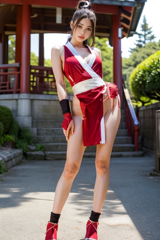 (mai shiranui:1.6), (tabi:2.0), (toe:1.2), (Full body portrait:2.0), Full body, (Realism), (masutepiece:2.0), (Best Quality), (ultra-detailliert), (8K, 4K, Convoluted), (Flat Lighting:1.2), (skinny), Prestige, Brown eyes, Long hair, brown eyes, long hair, brown hair, white ribbon, sleeveless, ponytail, sash, pelvic curtain, arm guards, gloves, tabi, fascinated expression, Sexy eyes, slim, medium breasts, Smile, Cute, view the viewer, Long hair, Close to Japan temple, (breasts focus:1.2), (Realistic:1.2), (Full Shot: 1.2), (85 mm), light Particle, Lighting, (Highly detailed:1.2), (Detailed face:1.2), (gradients), SFV, Colorful, (Detailed eyes:1.2), (Detailed temples of Japan: 1.2),(Detailed background), (Dynamic Angle:1.2), (Line of action:1.2), Wide Shot, Daylight, Solo.