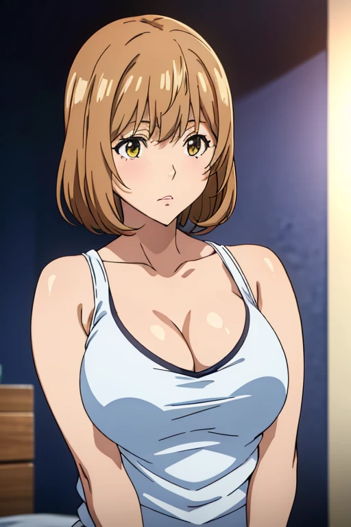 (Best Quality, masutepiece, High resolution, anime screen cap, anime colours), Brown hair, Yellow eyes, Yuriko Aoki, Embarrassed look, (large full breasts:1.5), cleavage of the breast, (white tank-top:1.5, no-bra:1.3, Thin fabric), Slimed, Arms Down:1.3, Breast squeeze:1.5, cowboy shot, Bedrooms, (Perfect Anatomy, perfect detailed body, Eyes and hair in beautiful detail, Beautiful breasts and skin),