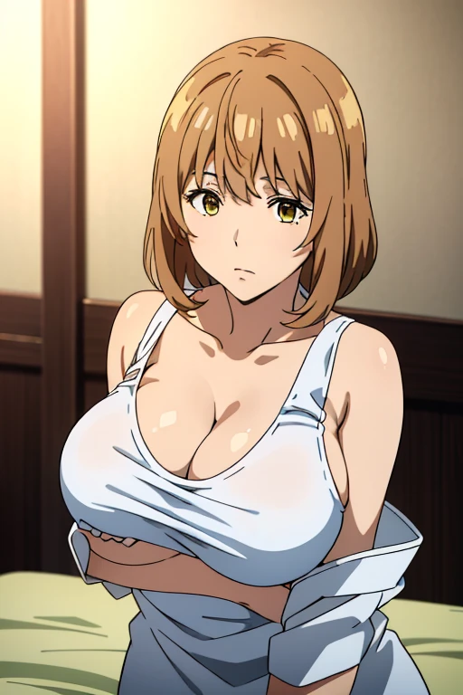 Best Quality, masutepiece, Brown hair, Yellow eyes, Yuriko Aoki, Embarrassed look, (oversize breast:1.5), cleavage of the breast, (white tank tops:1.5, no-bra:1.3, Thin fabric), Slimed, (Arms Down:1.3, Breast squeeze:1.5), Upper body, Chest close-up, Bedrooms, (Perfect Anatomy, perfect detailed body, Beautiful detailed eyes, Beautiful detailed skin),