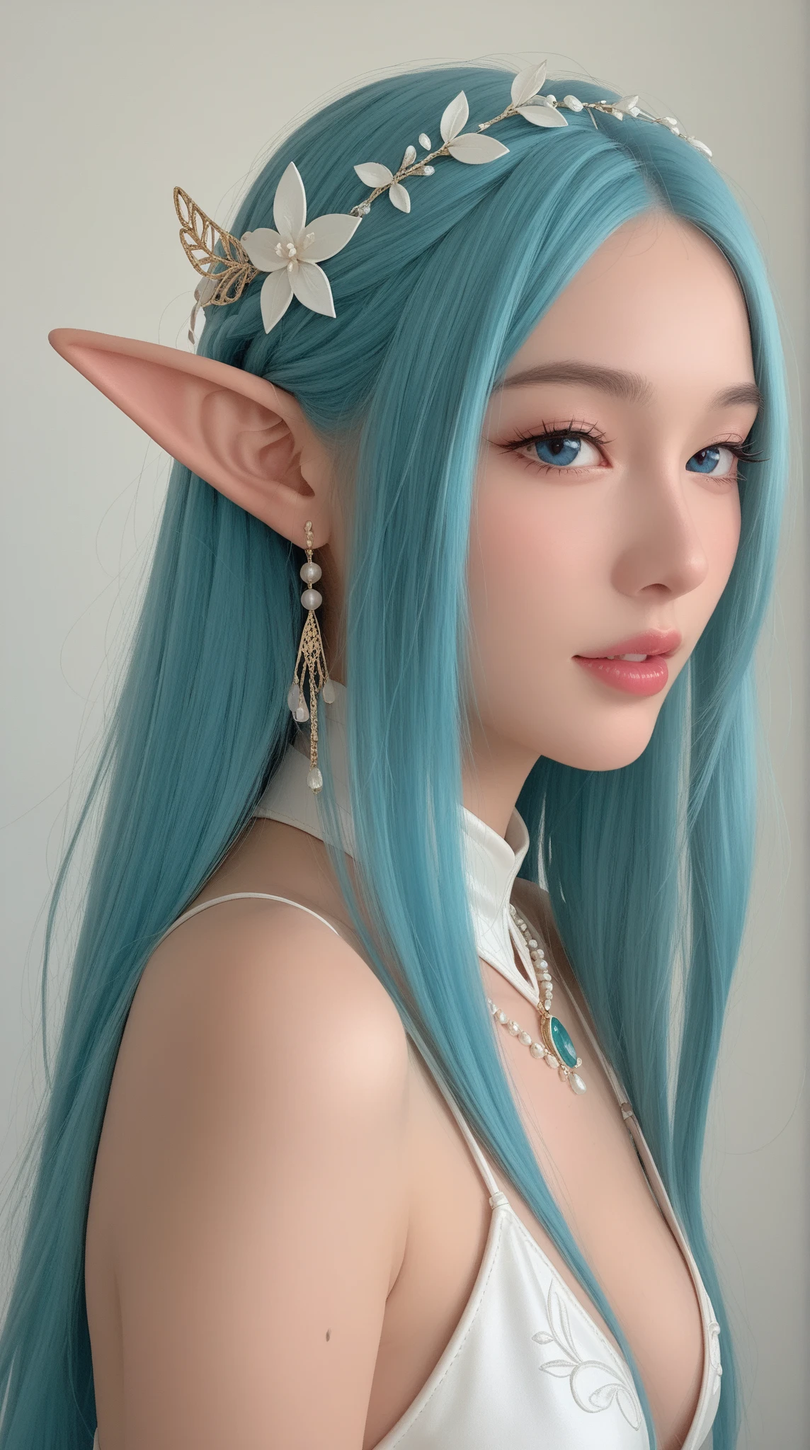 A closeup of a woman with blue hair and horns on her head, a photorealistic painting inspired by the Master of the Legend of Saint Lucy, trends in cg society, Fantasyart, Cosplay de garota de anime, anime girl in real life, anime-inspired, cosplay de anime, ornate cosplay, role model | artgerm, cosplay realista, she has elf ears and gold eyes, Overview