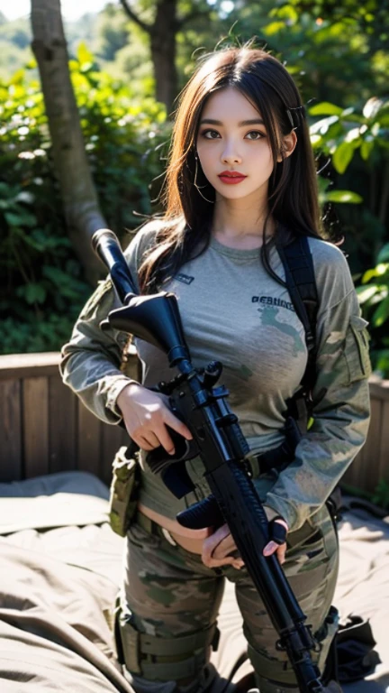 ,Girl, machinegun,thin micro bikini,  ,beautyful face, beautyful body, perfect anatomy, long  haired,sharp picture,