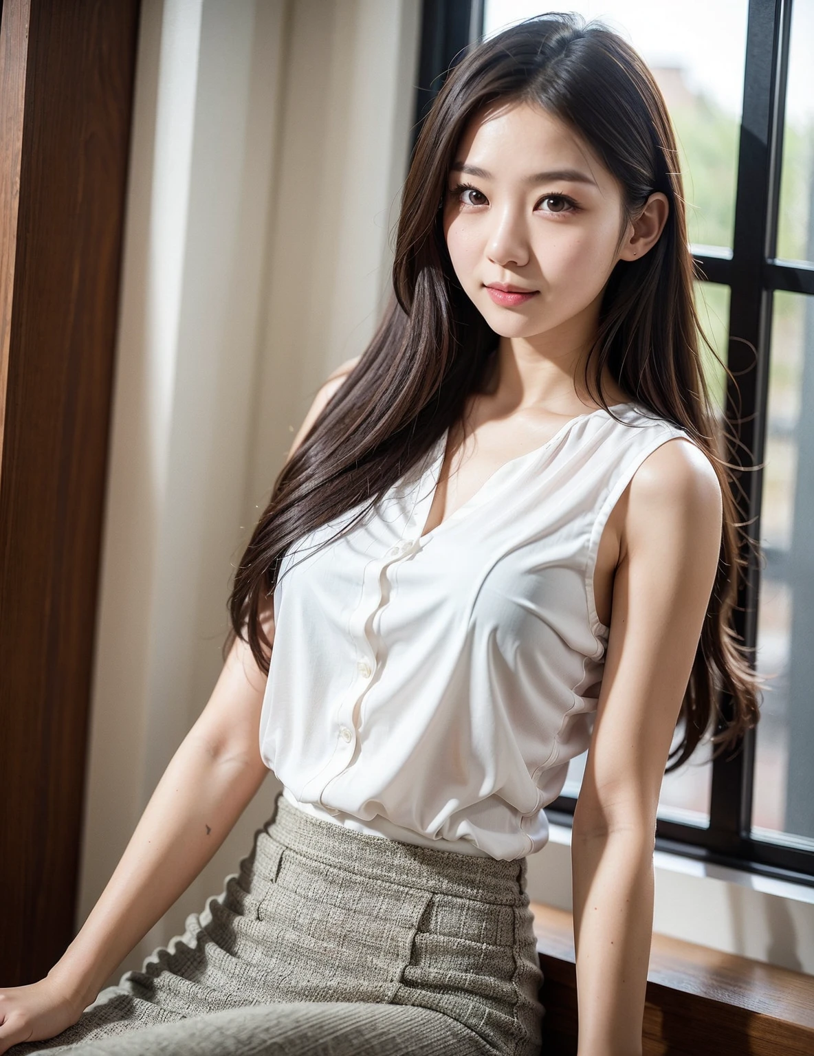 (high quality)、(high resolution)、Professional Lighting、50-year-old woman、Thin and beautiful legs、Narrow waist、(Big Breasts)、Erect nipples、whole body、Smiling and ecstatic expression、A classy sleeveless blouse with buttons and a collar、skirt、sofa、(Place your hands behind your head to straighten your spine and accentuate your chest:1.2)、Place your hands on your knees