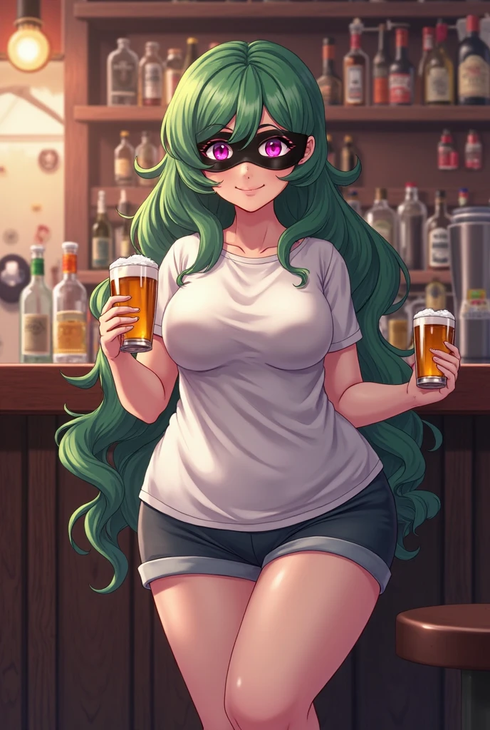 Cute sexy awkward woman with thick long messy curly green hair with glasses with tattoo blushing with bright earrings with thick thighs and big chest in sexy position taking off sexy black bikini in tight jeans in a bar at night with dropped jaw with butt out winking acting shy and embarrassed blushing uncontrollably