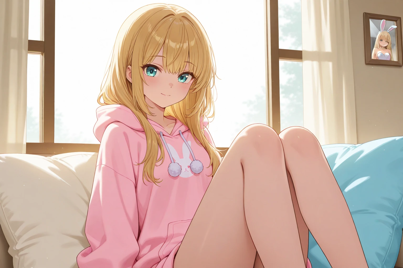 (masterpiece, best quality:1.4), 8k, Blonde gal gyaru Mature Smirking Happy Loud Outgoing anime girl with pink Highlights and Blue Eyes in the Livingroom wearing an Oversized Sweater (detailed eyes and face, sharp pupils, realistic pupils:0.6)