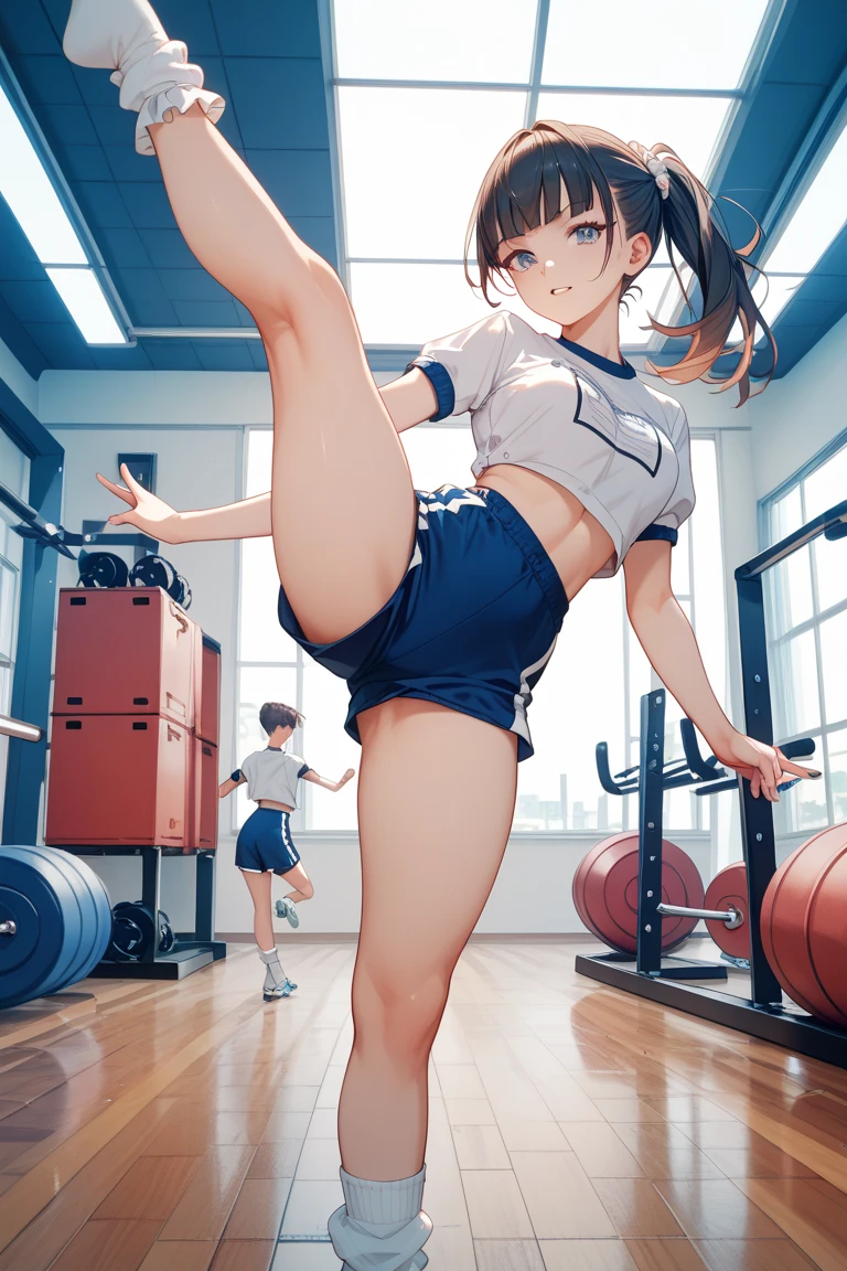score_9, score_8_up, score_7_up, source_anime, best quality, masterpiece, official art, absurdres, highres, ultra-detailed,waifu2x,Collection: Slice of Life,break,1girl, very short hair,pixie cut, long bangs, glasses, uniform, small breasts, sweat, open mouth, (wavy mouth:0.3), indoors, gym, stretching, summer, break,(clear line illustration:1.2),very high resolution, very aesthetic, super detailed skin, Best sexual lighting powered by famous artist, 8k,cute picture,beauty illustration,photoshop_(medium),,(Detailed Lighting),best anime 8k konachan wallpaper, pixiv contest winner,