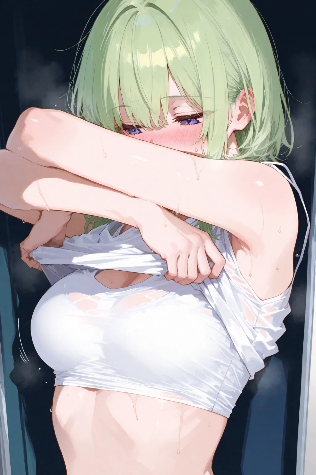 ((masterpiece,Highest quality:1.3)),1woman,25 year old beauty,独奏,((very small head:1.3)),green hair,short hair,messy hair,bangs,green eyes,gorgeous eyes,shy,medium breasts,((very long body:1.2)),((toned body,slender body,skinny)),gleaming skin,shiny skin,sweat,White tight T-shirt、Grey wet shorts、Simple bedroom、