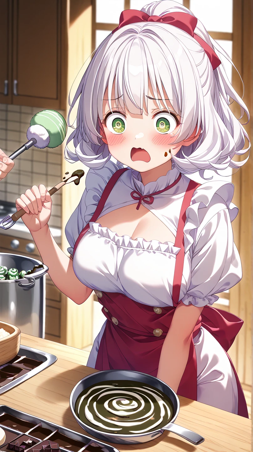 Maid Outfit, beautiful french maid in white latex outfit cutting cucumber in kitchen with knive, pretty face , pretty features, pretty pose, delicate, innocent, pretty kitchen, roses, light, detailed, acrylic, watercolor, royo、Cooking eggs