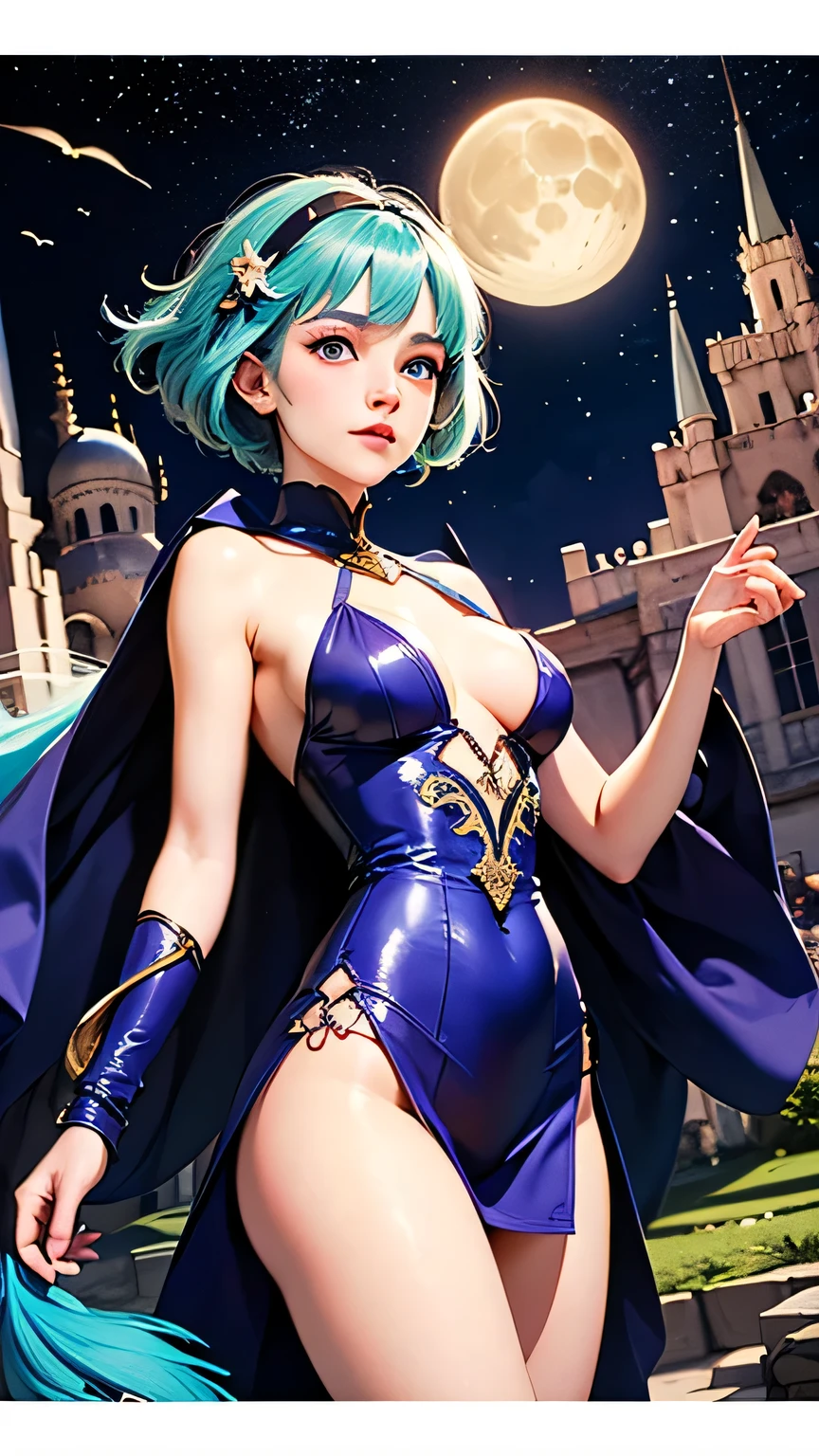 （（（highest quality、First class work、Normal body、8k、Detailed face、Ultra-precision、Normal hand、通常のrefer to、５refer to、）））Light-colored hair、Golden Turquoise Hair、short hair、Shortcuts、Sleep Habits Head、Unshaven head、Small breasts、Beautiful breasts、Beautiful body、Brave、Legendary Sword、姫Brave、Sword of Light、Dragon Scale Sword、Sword and magic circle、Magic Sword、The Great Magic of Light and Darkness、Giant magic circle、Shiny Tiara、Blue leotard、Green Zone、Black half cloak、evil eye、Magic circle pattern on eyes、Devil&#39;s Castle、Evil Cave、Ready your sword?、In combat