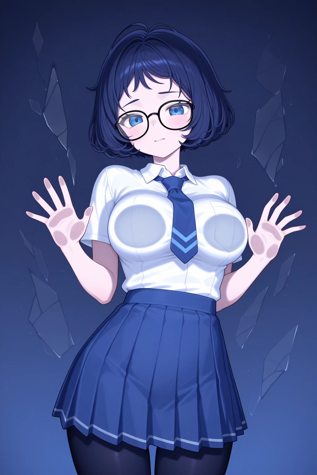 masterpiece,best quality, Amazing, finely detail, 1girls, EPShizuku, solo, round glasses, excited, large breasts, looking at viewer,upper body, arms behind back, turtleneck,  holding vacuum_cleaner,  <lora:EPShizuku-10:0.7>