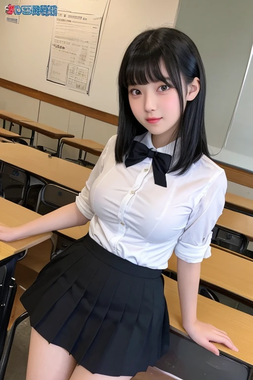 (8k, Photorealistic, Raw photo, Highest quality: 1.4),Japanese idol-style beautiful girl,1 person,17 years old,Hairstyle(Short Bob,Black),She has her hair tucked behind her ears,Large, clear grey eyes,Long eyelashes,Plump Cheeks,Thin and delicate shoulders,thin abdomen,Open shirt(Full front opening),Pleated skirt,School classroom,Full body portrait