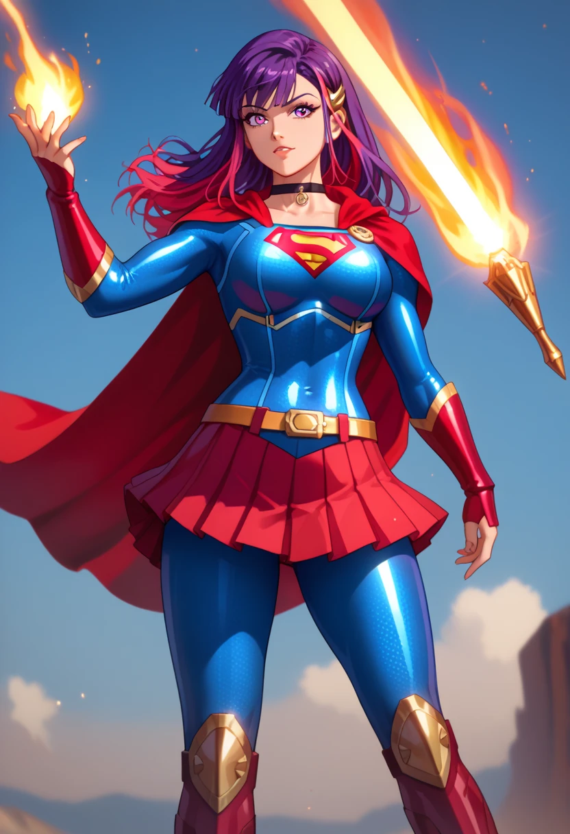 Rouge Redstar stands powerful and sleek in the iconic Supergirl ensemble, her high-tech warrior essence seamlessly merging with the timeless symbol of hope. The vibrant royal blue  hugs her athletic frame, its glossy finish hinting at reinforced armor beneath—perfect for a metallic soldier accustomed to battle. Prominently displayed across her  is the iconic red‑and‑yellow “S” crest, glowing like a beacon that mirrors her fiery resolve.

A crimson cape, trimmed with subtle silver circuitry patterns, billows dramatically behind her, its fabric moving with a life of its own. The short red skirt is sharply pleated, edged with lightweight armor plating for protection and flexibility. Her golden belt gleams, matching the metallic accents woven into her knee‑high red boots, each boot reinforced for both flight and combat-ready landings. rouge redstar, 1girl, solo, long hair, bangs, choker, purple eyes, multicolored hair, purple hair, hair  ornament, jewelry