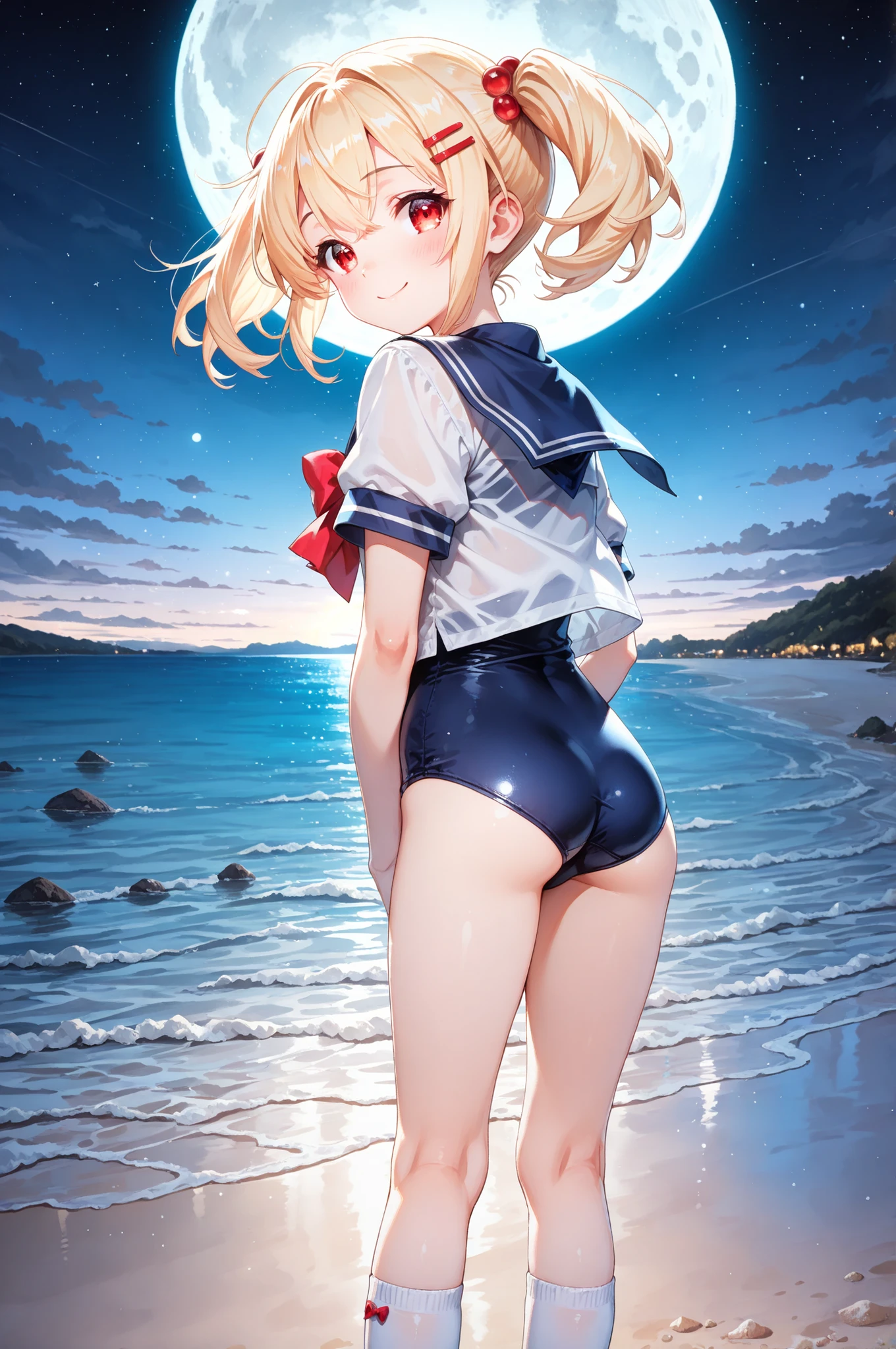 1girl,Cute,748cmstyle,,(masterpiece:1.2, top quality), (beautiful detailed eyes: 1.2), ((1 Beautiful Girl)), (beautiful background:1.2), (very detailed CG, Super Detailed),(VERY DETAILED AND BEAUTIFUL:1.1), (Perfect Details:1.1),A fox-eared girl with blonde twin tails and red hairpins, wearing a sailor school swimsuit, standing on a beach under a full moon in the night sky, Her gaze is intense and direct, looking at the person,looking back, background is the vast, starlit sea and a moonlit beach, creating a romantic and magical atmosphere, swimsuit under clothes, one-piece swimsuit, socks, serafuku, white socks,glittering light,smile,Young,Young