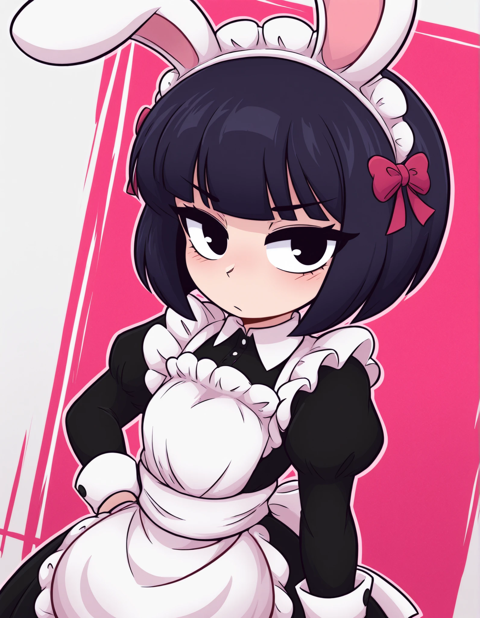 TR0P5TYL3,, one woman、solo, Maya Hell,black eyes,dark hair,bob cut,Maid Outfit、White Apron、White Headdress、 with rabbit ears、cafe