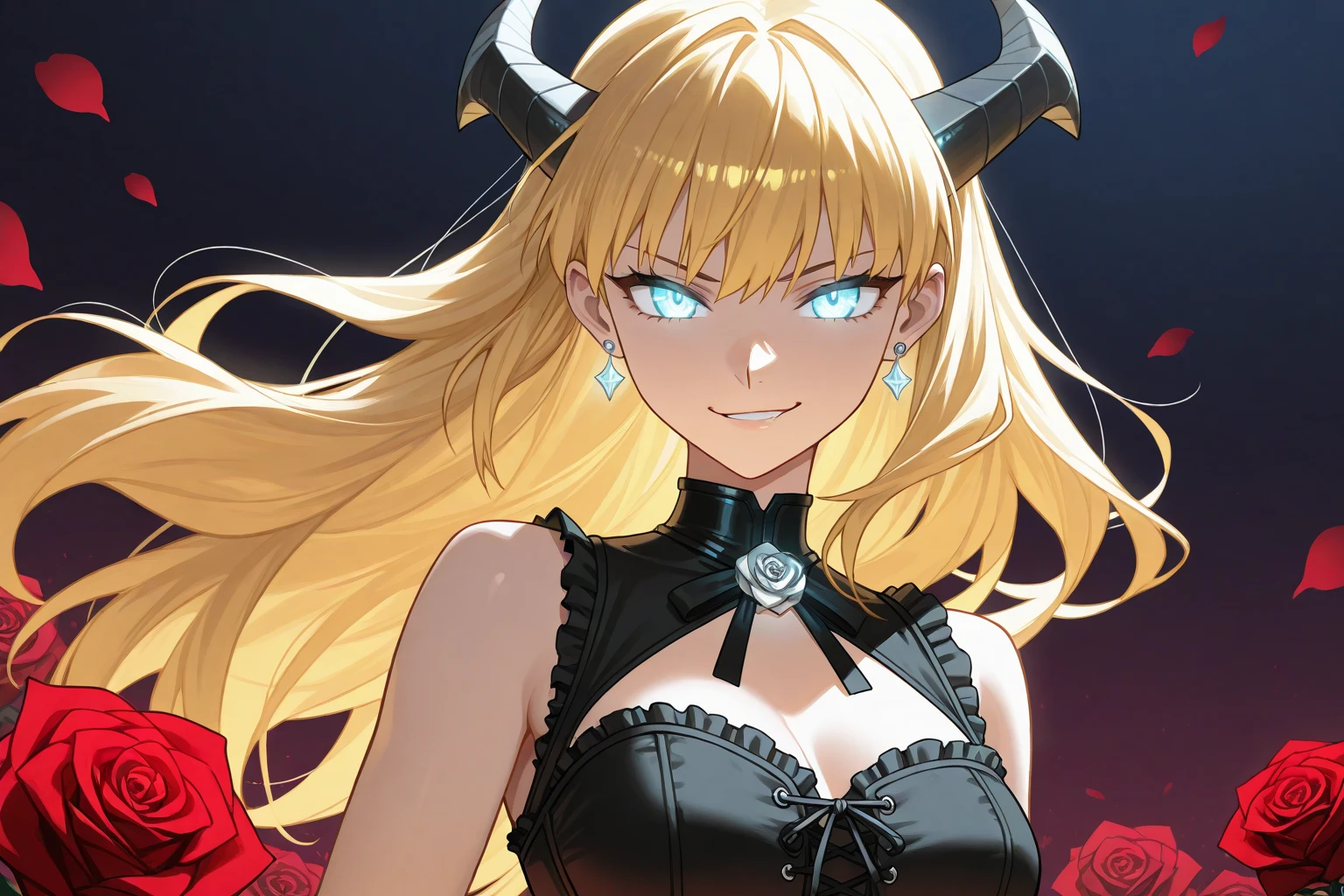 (masterpiece:1.6, best quality), (finely detailed beautiful eyes: 1.2), phyami, yamidarkness, 1girl, solo, blonde hair, wings, long hair, horns, red eyes, black wings, bare shoulders, hair intakes, collarbone, choker, demon horns, halterneck, feathered wings, collar, anime coloring, hair between eyes, criss-cross halter, black dress, demon girl, bangs, very long hair, light smile, 
laugh at,too evil smile,too evil smirk,looking down at viewer,upper body,smile bad,deep shaded face,evil fall,latex elbow gloves,latex thighhigh boots,Malice,contempt,laugh at,
