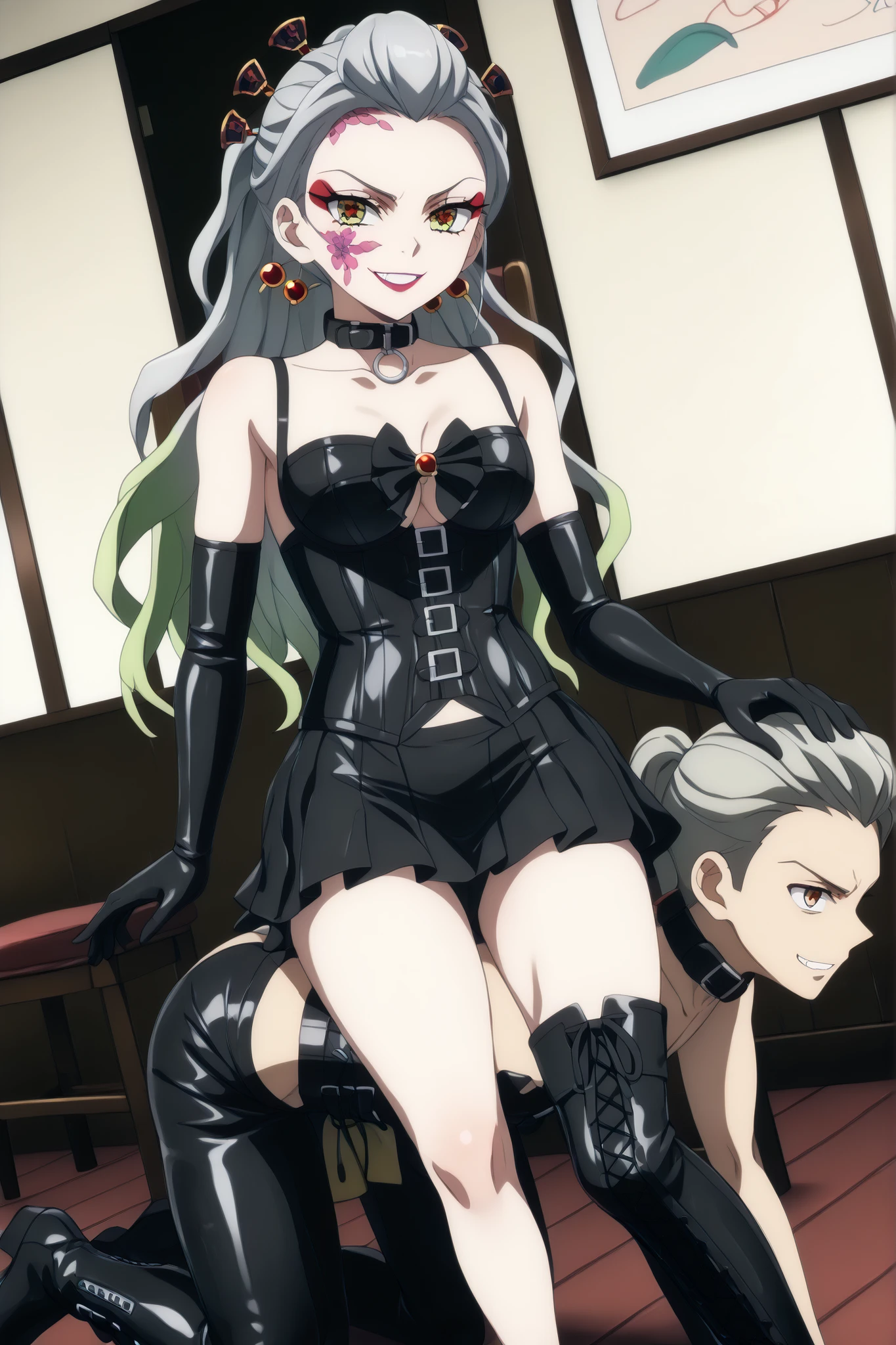 (((sitting cross-legged)))、Queen、Naked man on all fours、裸の男の背中に座るQueen:1.1、Man used as a human chair、human chair、(((black latex elbow gloves:1.4)))、(((Black latex corset dress:1.4)))、(((corset dress is decorated with beautiful lace)))、((( )))、(((Black latex tight mini skirt:1.4)))、(((black thigh-high boots:1.4)))、(((Black rubber tights:1.2)))、(((stiletto heel boots:1.4)))、(((Stiletto Boots:1.4)))、(((Black latex high leg panties)))、(((Queen Who Replaces Men in Chairs)))、(((Black leather collar)))、(((Bold Poses:1.4 )))、Wide legs:1.2、(((erotic)))、(((cowboy shot)))、close-up、(((place your hands on your hips)))、beautiful eyes with highlights、Fine Beautiful Skin、} 2 perfect legs based on anatomy、wearing cute mythological costumes、(perfect 4 fingers and 1 thumb)、masterpiece、Masterpiece、absurdres、High Definition、Hi-Res 8k、detailed face、detailed eyes、Detailed Hairstyle、score_9,Daki、
(Indoor、dim room、A room for torture、SM specialty hotel、SM Exclusive Room)、
multi colored hair, gray hair, green hair, iridescent eyes, long hair, hair ornament, hairstick, Facial markings, makeup, lipstick,
color skin, Crack skin,Bare Shoulders,
watching viewers、dutch angle、evil smile、Demon Fang、grin、smirk、smug