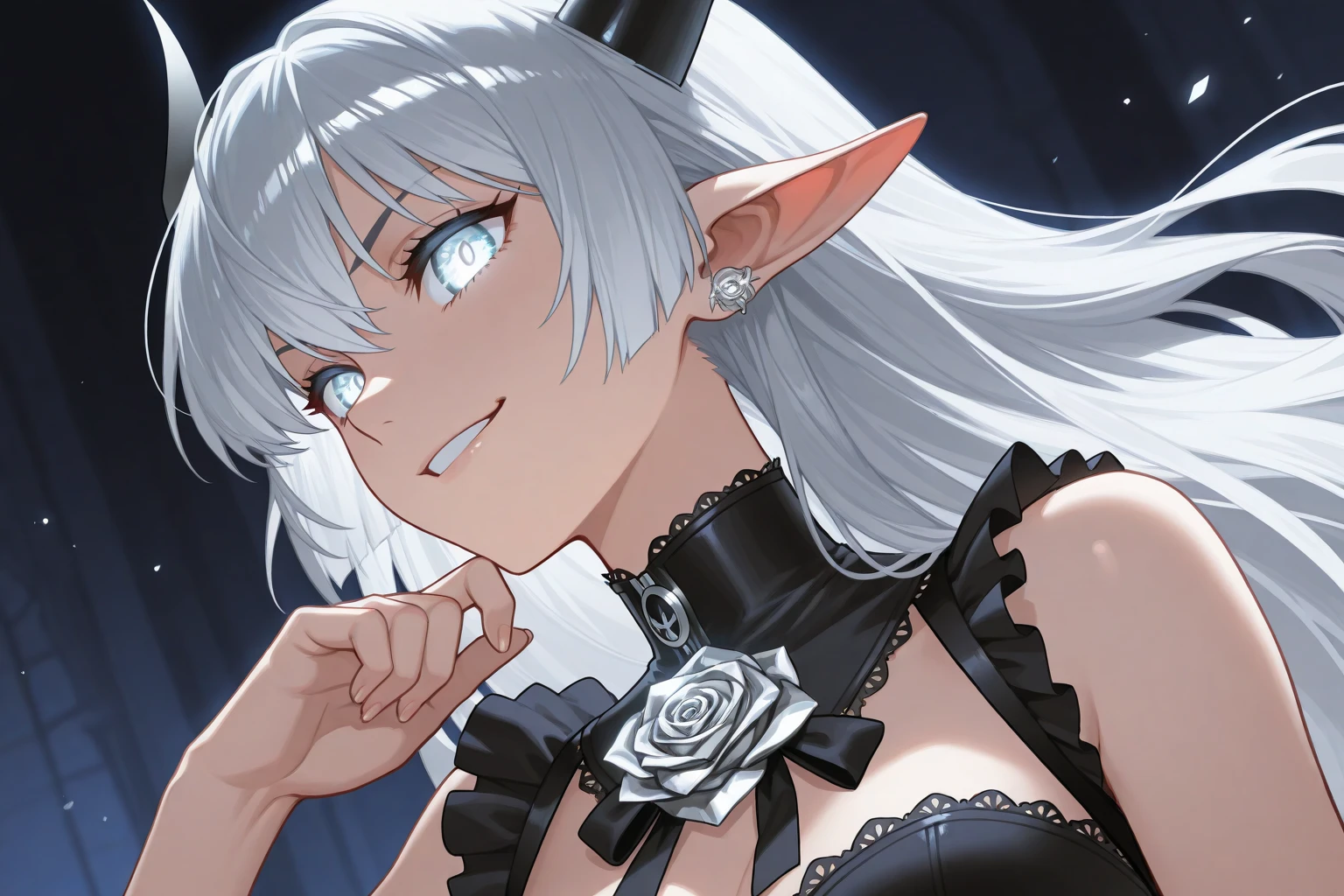 8K, masterpiece, best quality, best resolution, ultra detailed, a young girl, vampire, anime style, official art, upper body, view straight on, focus on eyes, head tilt, medium hair, wavy hair, silver hair, bangs, light smile, beautiful and detailed eyes, red eyes, beautiful and detailed face, short dress, blue sky, petals,pointed ears 