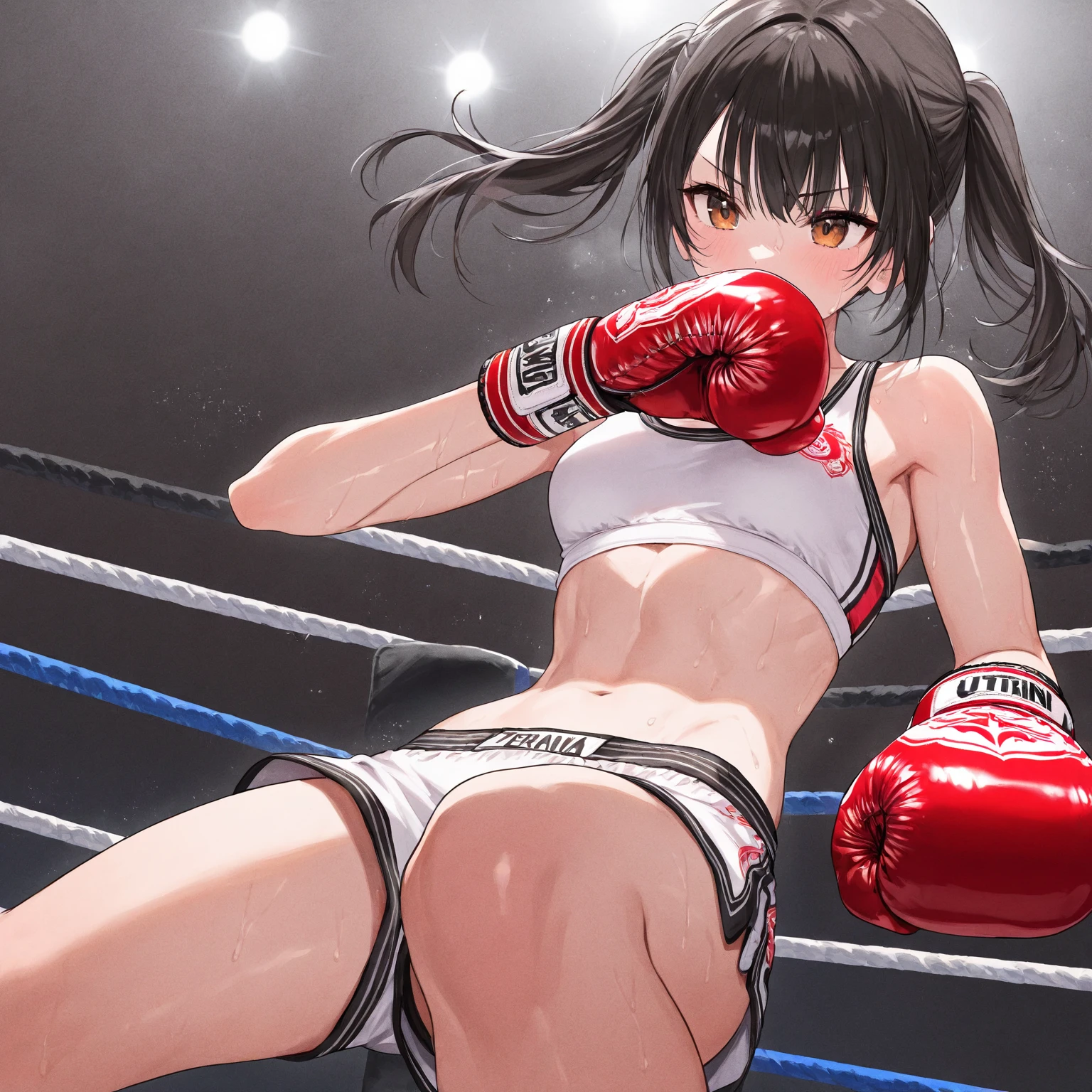 high quality, girl, Black straight hair, Red eyes, provocative,blush,Wear strapless underwear, Black tights,Wearing white boxing gloves, Hands in boxing gloves,Cleavage,Camel toe,Long legs,Thin waist,Sit in the boxing ring with your legs open