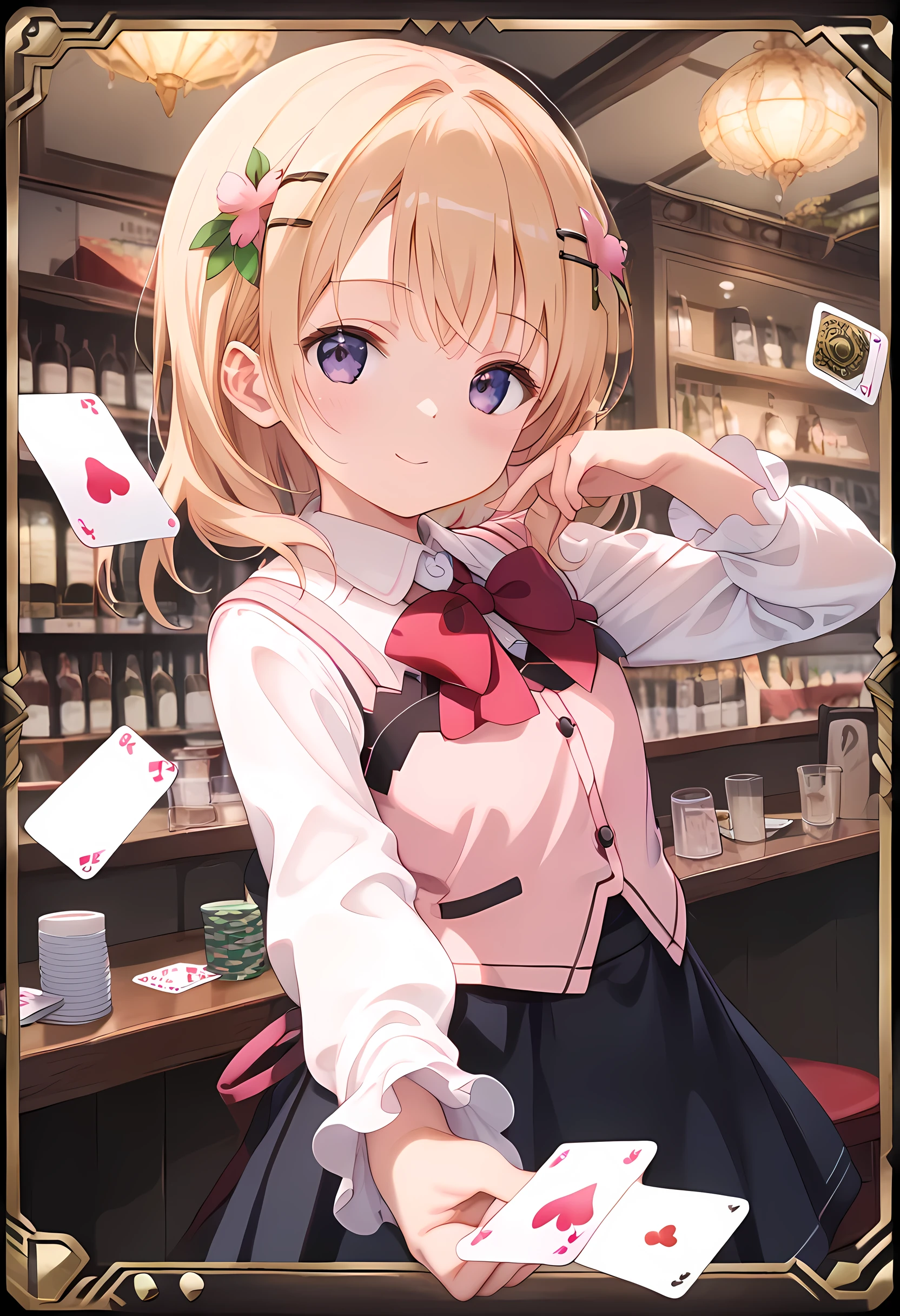 score_9, score_8_superior, score_7_superior, masterpiece, best quality, absurdres, high_fidelity, vibrant, sauce_anime, (rating_explicit:1.0), super detailed, Adorable,  (1girl frame in Trump card, king of heart:1.5), ctiank0k0a, dress shirt, long sleeves, pink vest, black skirt, long skirt, bowtie, playing card game, Coffee shop, backlighting
