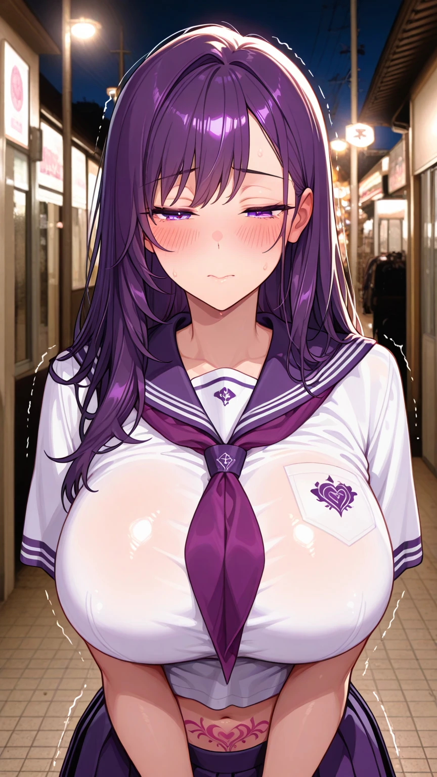 (1girl, solo:1.5), long_hair, purple_eyes, purple_hair, bangs, smile, symbol-shaped pupils, multicolored hair, star-shaped pupils,  ,nsfw , large breasts, nipple, Walking, , crying,, ,ShoppingMall ,solo, frozen, wet, ,, Naked, Blind ,Temptation, Blank look, empty eyes, , Peeing, lactation, projectile lactation
