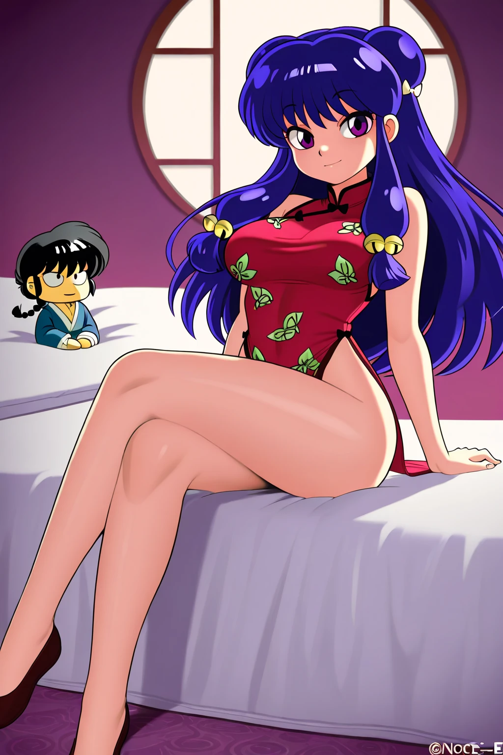NSFW, masterpiece, (best quality: 1.2), long hair, blue eyes, green hair, big breasts, evil_smile, sexy, ((BUNNY)), red lipstick, fishnet stocking,, ((woman being pushed by boy, from behind))