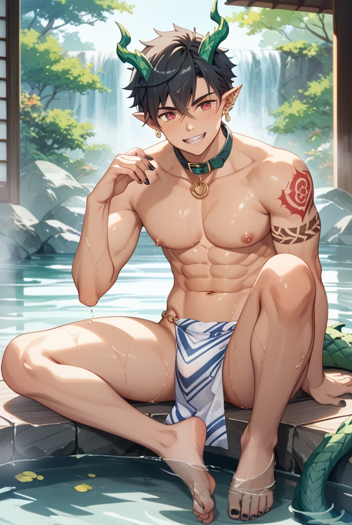 野性的なBrown skinの狼獣人の部族の細マッチョな奴隷少年、Brown skin、barefoot、barbarian、Ankle Accessories、Wolf Ears、Wearing an ivory necklace、smile、Wearing a loincloth、Short Hair、Tattered Loincloth、Iron Collar、Jungle Lake、fine