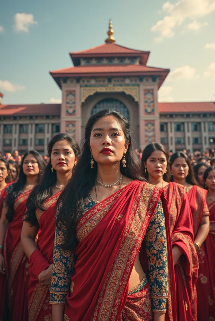 Beautiful woman in traditional Javanese dress carrying red and white flag with her friends