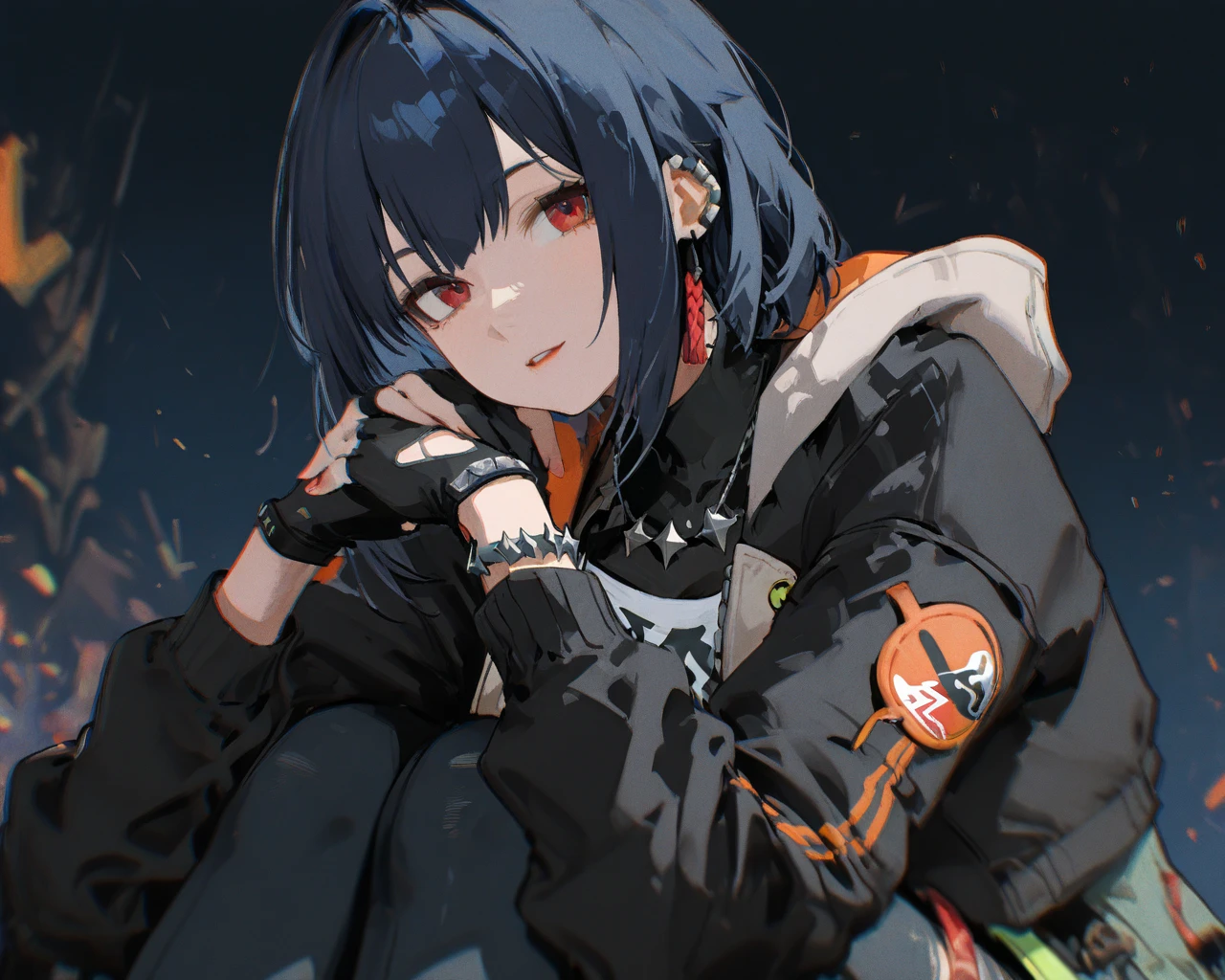 cowboy shot, brshk,female,white eyes,colored sclera,ahoge,hands up,black clothes, orange background, + cyberpunk city