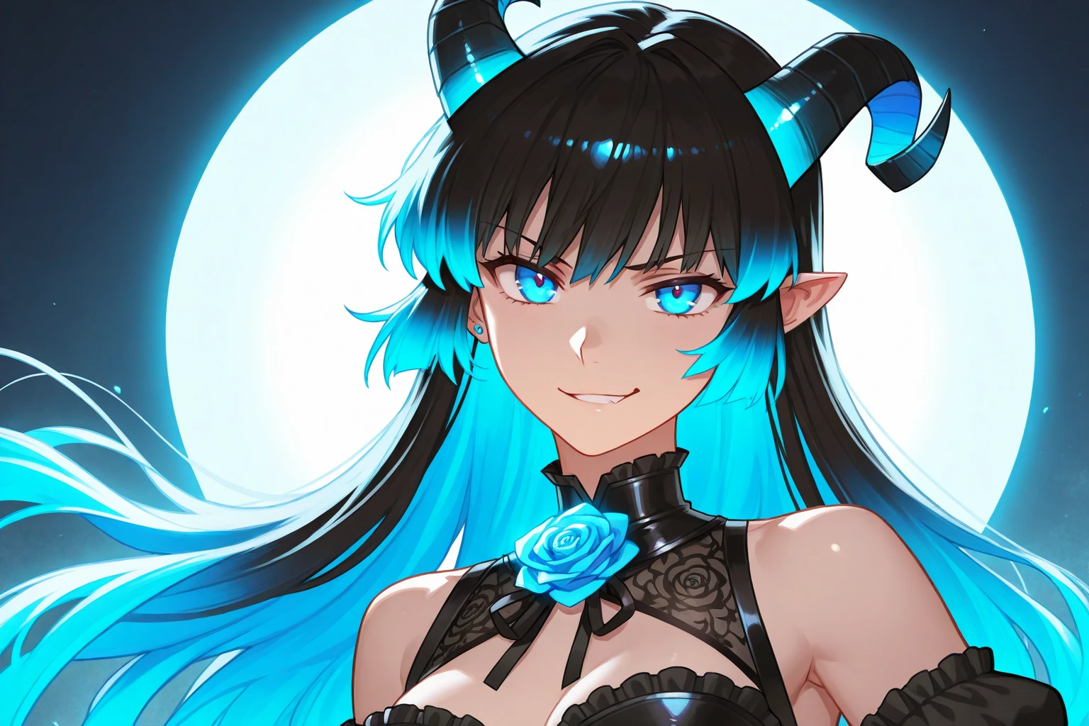 realistic, 1girl, blue hair, horns, multicolored eyes, glowing, blue eye, purple eye, bare shoulders, demon eyes, magic circle, light particles, light rays, wallpaper,