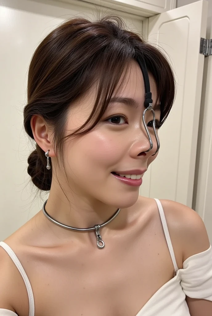 ((Best quality, 8k, Masterpiece: 1.3)), Sharp focus: 1.2, A beautiful woman with perfect body: 1.4, Slim abdomen: 1.2, ((Layered haircut, Large breasts: 1.2)), (no bra) (Small and beautiful hard nipple) (Thin and damp button up to shirt length: 1.1), (White shirt wet by rain), (Rain, Street: 1.2), Wet body: 1.1, Highly detailed face and skin texture, Detailed eyes, Double eyelid, tanned skin, sexy, tan, dark skin, tanned body, exposed shoulders, cleavage