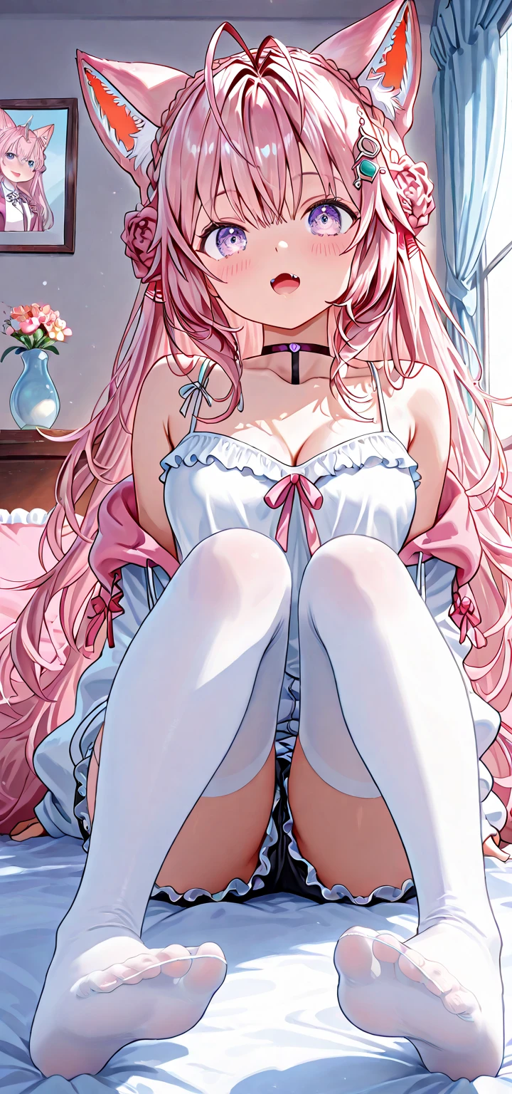 green simple background,pink hair,bear ears,red eyes,whole body,vtuber,bottomless,white clothes,