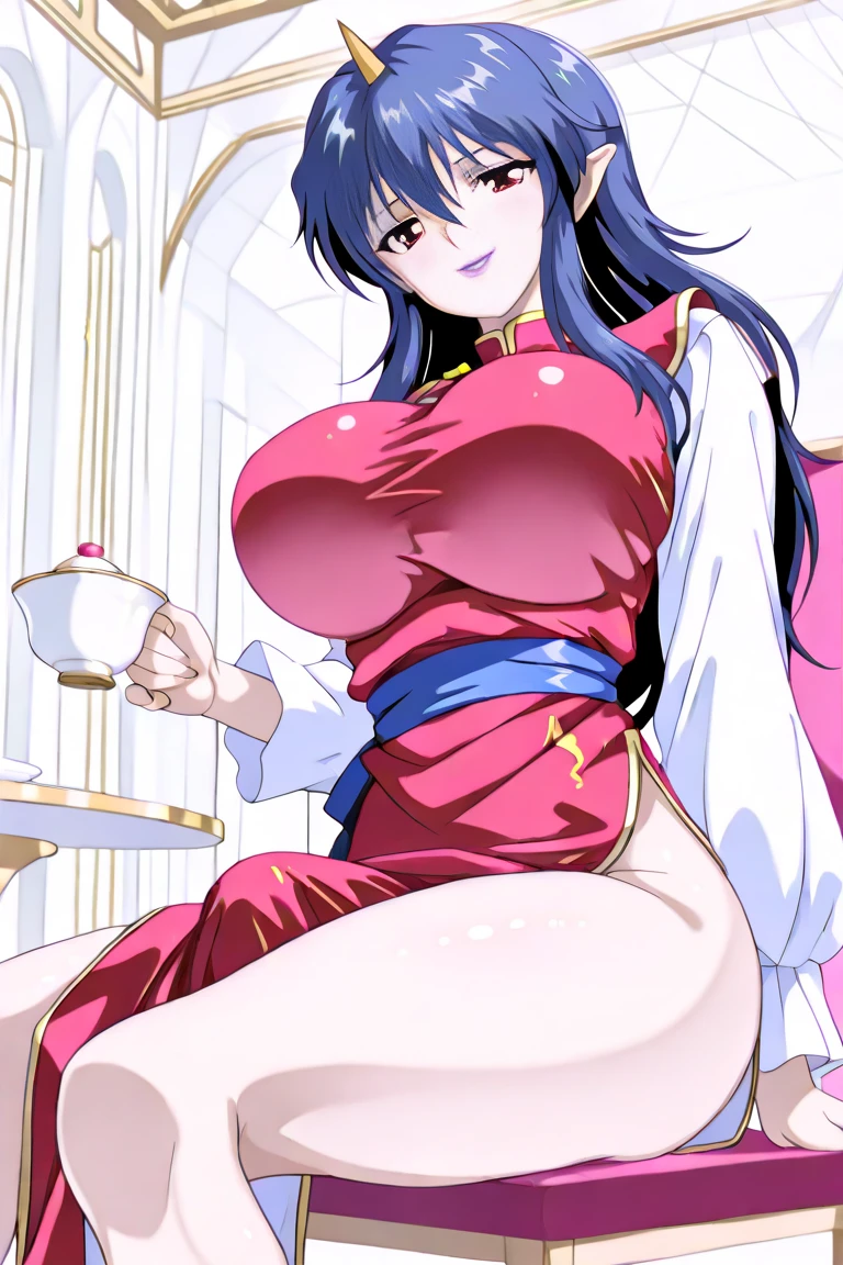 trading card of Samurai, sexy pose, big breasts, adjust dress, short hair