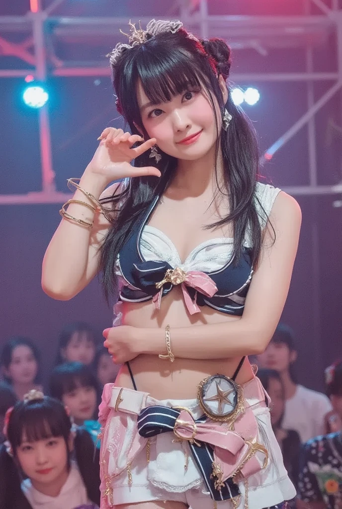 Raw photo、Extremely realistic photos、A girl stands on a large raised stage、big breasts、concert venue、singing and dancing)bright smile(17 year old girl、small face、very beautiful face、idol makeup)(((super fair skin、Whitening skin、pure white skin))) realistic skin(sparkling eyes)big breasts、thin waist、long legs、big ass (red hair、long straight hair、hair behind ears、beautiful hair、smooth hair)She performs a solo on stage(((Kunoichi、Ninja costume with detailed, beautiful and colorful patterns、big breasts))))Ninja house background((The atmosphere is colorful concert lights,Upper Light、 Create a seductive glow around her))Her adorable look、shot from below、full body description