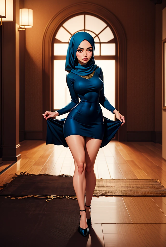 ((Masterpiece, best quality, photography, detailed skin, realistic, photo-realistic, 8k, highly detailed, full length frame, High detail RAW color art, diffused soft lighting, shallow depth of field, sharp focus, hyperrealism, cinematic lighting, hijab, a woman in a beautifully makeup, smokey eyeshadow, beautiful big eyes, long eye lashes, wearing (Dark blue satin hijab), loosely tide hijab style, ((gray satin shirt)), satin long maxi skirt, lean on office desk, spread legs