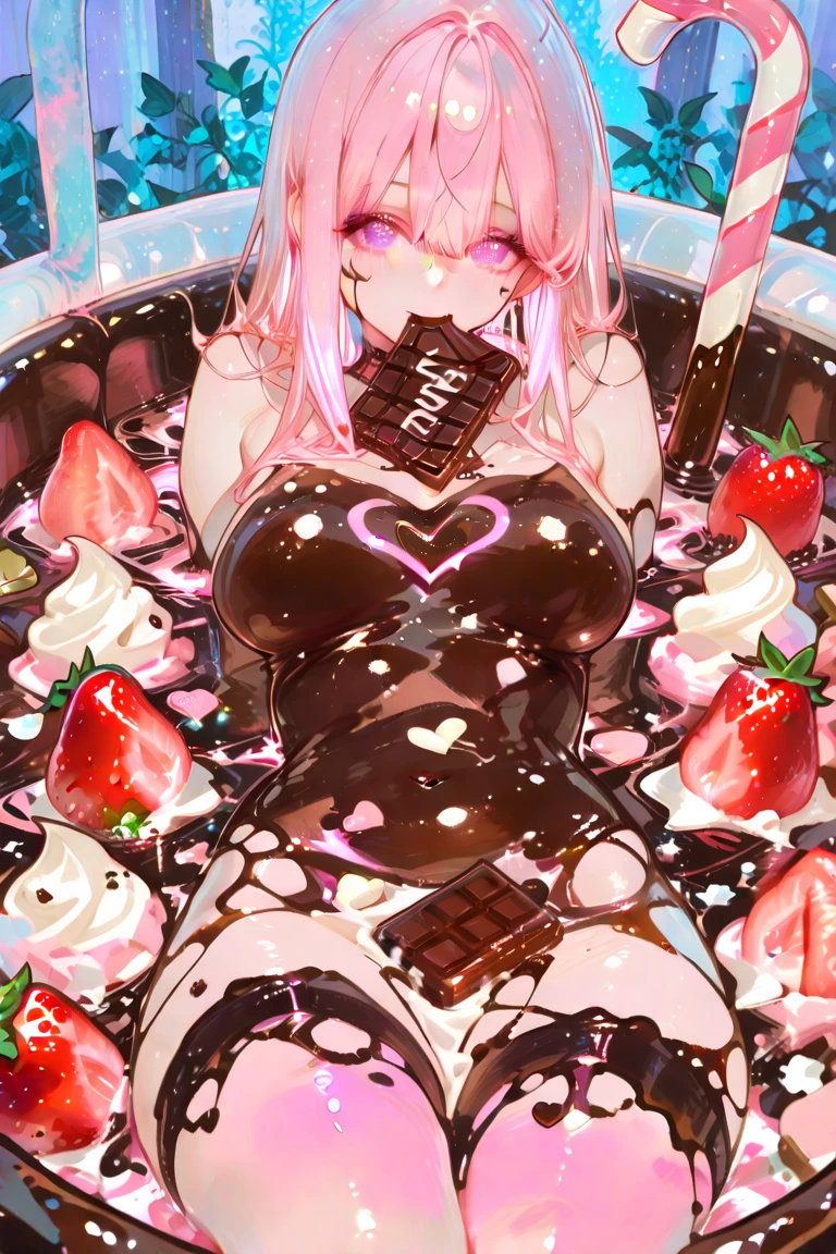 masterpiece, top quality, best quality, official art, beautiful and aesthetic,
1girl, chocolate, solo, heart, ribbon, valentine, colorful eyes, symbol-shaped pupils, blush, heart-shaped pupils, smile, navel, colorful hair, happy valentine, arms behind back, bound, chocolate on body, looking at viewer,(dripping:1.2),sweat,chocolate on breasts, heart-shaped chocolate, blush, heart, valentine, bangs, candy, thighs, licking,gift,shiny,
extremely detailed,