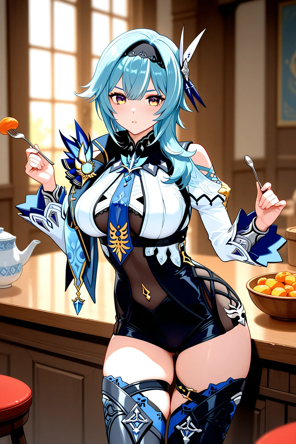 absurd, 8k, high resolution, ultra detailed, vivid colors, wallpaper, perfect lighting, beautiful skin, perfect shadows, beautiful eyes, detailed eyes, detailed face, beautiful face, masterpiece, best quality, detailed clothing, full body , you can see the girl's entire body, ganyu genshin impact, tall woman, face with a tender and embarrassed expression, she is in a kitchen, huge breasts, oppai, huge thighs,