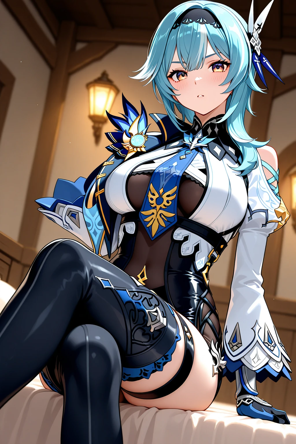 masterpiece, best quality, very aesthetic, absurdres, newest, 1girl, lace  boxer_shorts, solo,standing_split,tears in eyes,embarrassed, ,eula_(genshin_impact), genshin_impact, 1girl, belt, black_gloves, black_hairband, black_leotard, black_thighhighs, blue_cape, blue_hair, breasts, brown_eyes, cape, gloves, hair_ornament, hairband, large_breasts, leotard, long_sleeves,medium_hair, necktie, shirt, sidelocks, thighhighs, thighs, underbust,white_shirt,,on a bench in a train,the sun set, city landscape over the window,
