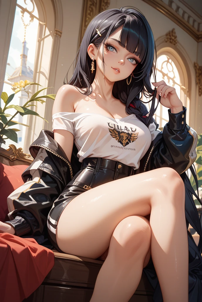 Kizi，White top，A beautiful face，tmasterpiece，Bright, smooth skin，Long black hair that shows his skin，Mini shorts，The eyes are delicate，pupil realistic，(smallunderboob:1.2)，(Thigh thick:1.0)