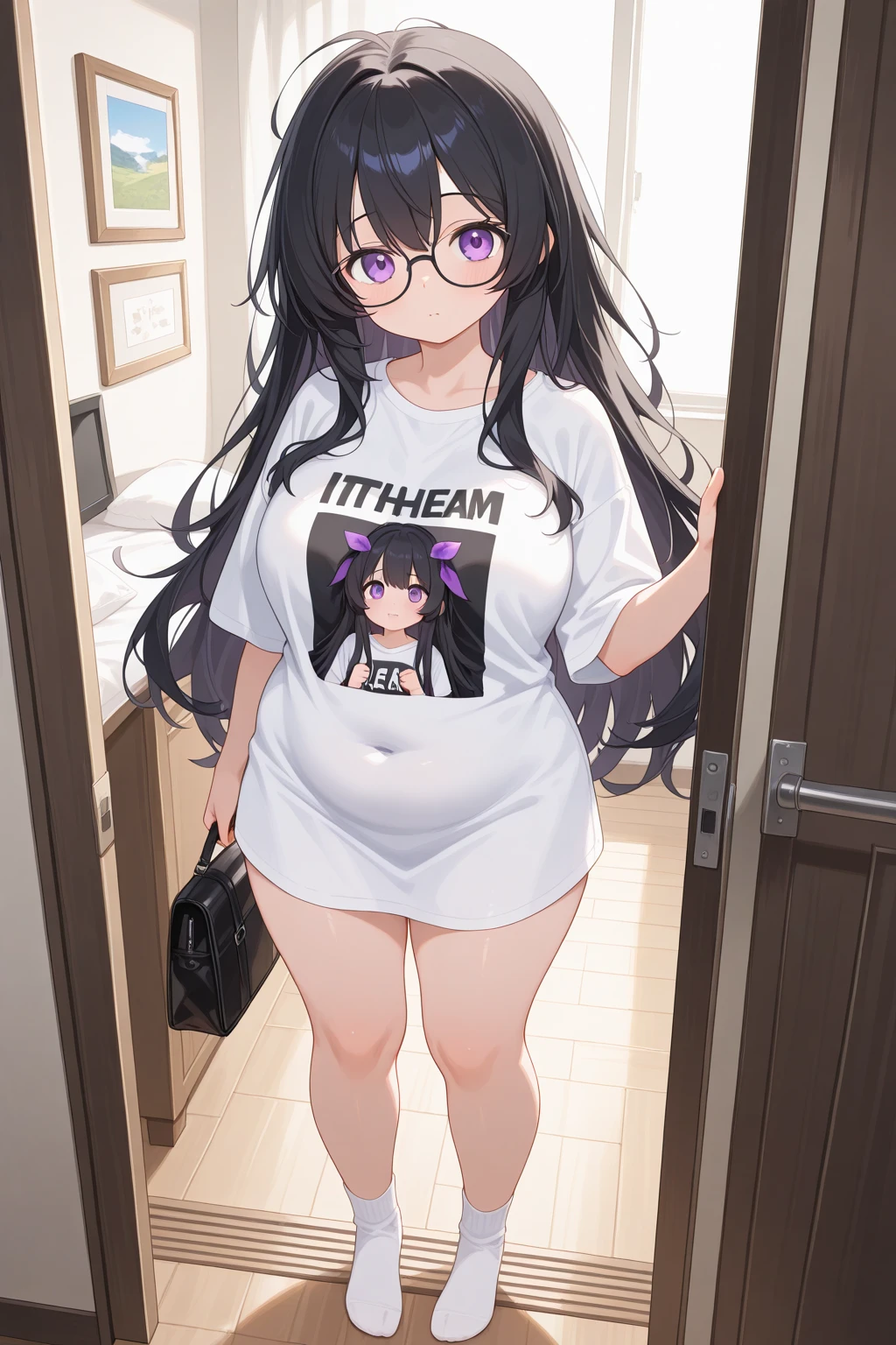 A woman wearing a short skirt is holding a cell phone, Tsk tsk, She has a jiggly, fat, round belly, , brother, big tummy, her belly is fat and round, Fat Chan, thick body, Tsk tsk build, (SFW) safe for work, brother proportions, Short full-length portrait!,,(big bust:1.5), (Black eyes with a slight purple tint:1.5), (Very white and long hair with a bluish tint, weak perm:1.5), (white sleeves wrapped around arms, oversized white shirt, oversized white shirt:1.5), (bare foot, round-rimmed glasses:1.5), (Belly Fat, muffin top, plump:1.5), (smiling faintly:1.5),