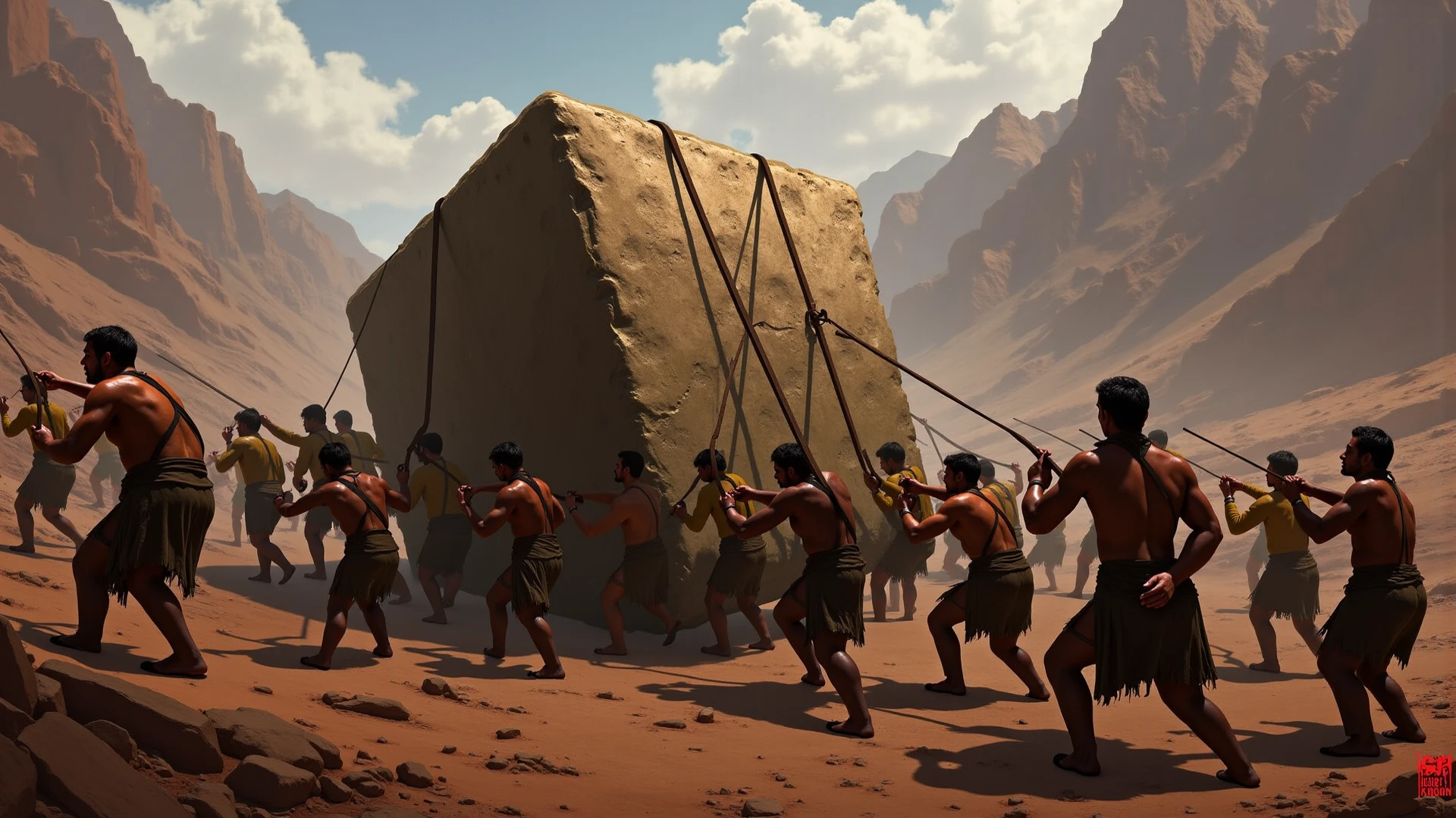 Ancient people pushing large stones up the mountain.