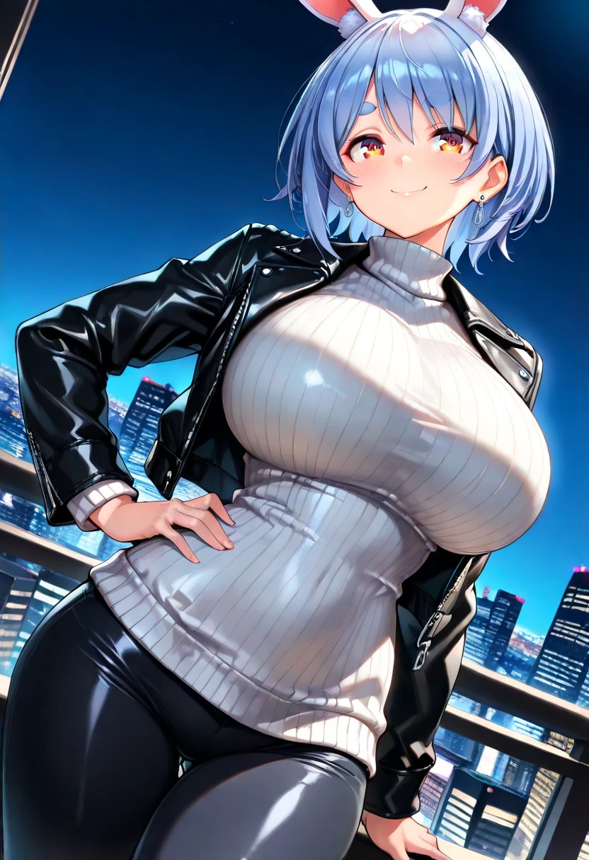 a tall girl beautiful sexy attractive beautiful waifu playful tenderness big breast white hair short hair disheveled her blue eye wears a short black jacket shows navel and a black thong wearing long blue socks blue boots big brown gloves black