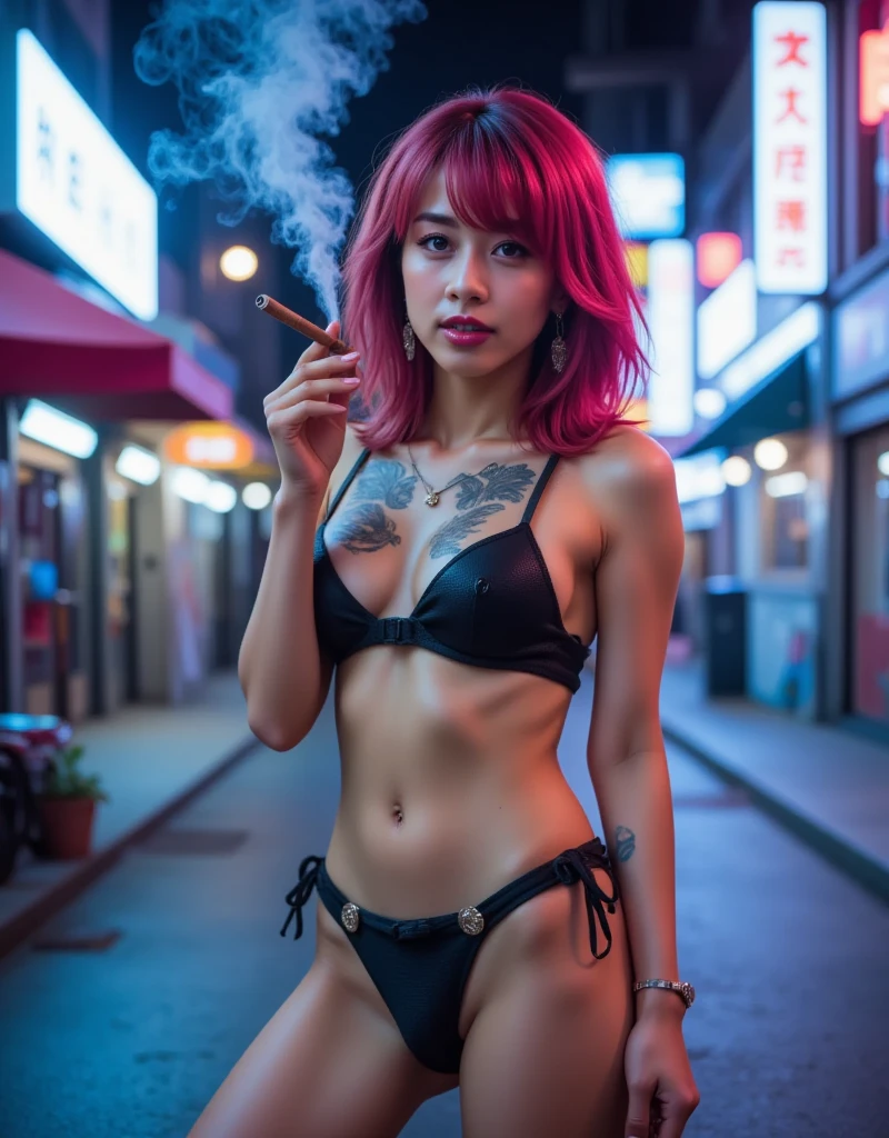 Cyberpunk style girl with colorful hair wearing gas mask, muitas tatuagens pelo corpo, tatuagens na perna, Cyberpunk, foto perfeita, detailed cenary, cidade cyberpunk, corpo perfeito, roupa sexy, roupas curtas, seios redondos, bunda grande, coxas grandes, cabelo cumprido, olhar penetrante, neon lighting, obra-prima, 8k