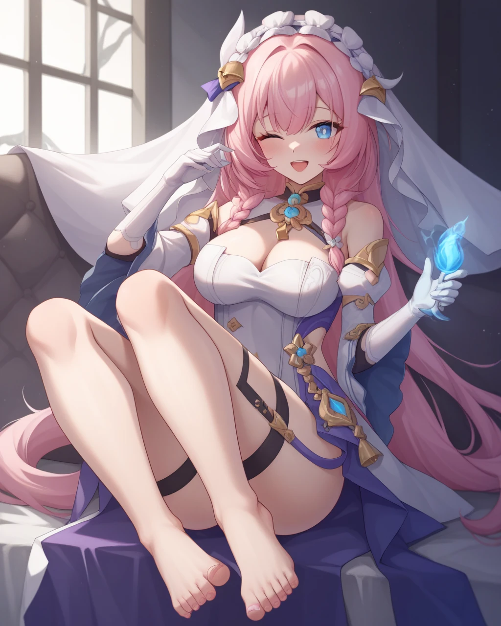 Official fine art,tmasterpiece,Sharp focus,(beautiful lovely Korean people:1.3),Delicate and beautiful hair and eyes and face,realisticlying,ultra - detailed,a beauty girl,Glowing white particles,(side-lighting:1.2),rays of sunshine,baiyun,Slender,Cute big breasts,Giant buttocks,Toothy laughter,((Laugh and open your eyes)),Long straight hair, sexy facial expression, Dynamic hair, Long straight hair, Delicate platinum-pink hair, glow blue eyes, (blue pleated shirt+white skirt), Long white socks, paleskin, hair adornments,get down on the bed,Pout your ass,pantyless