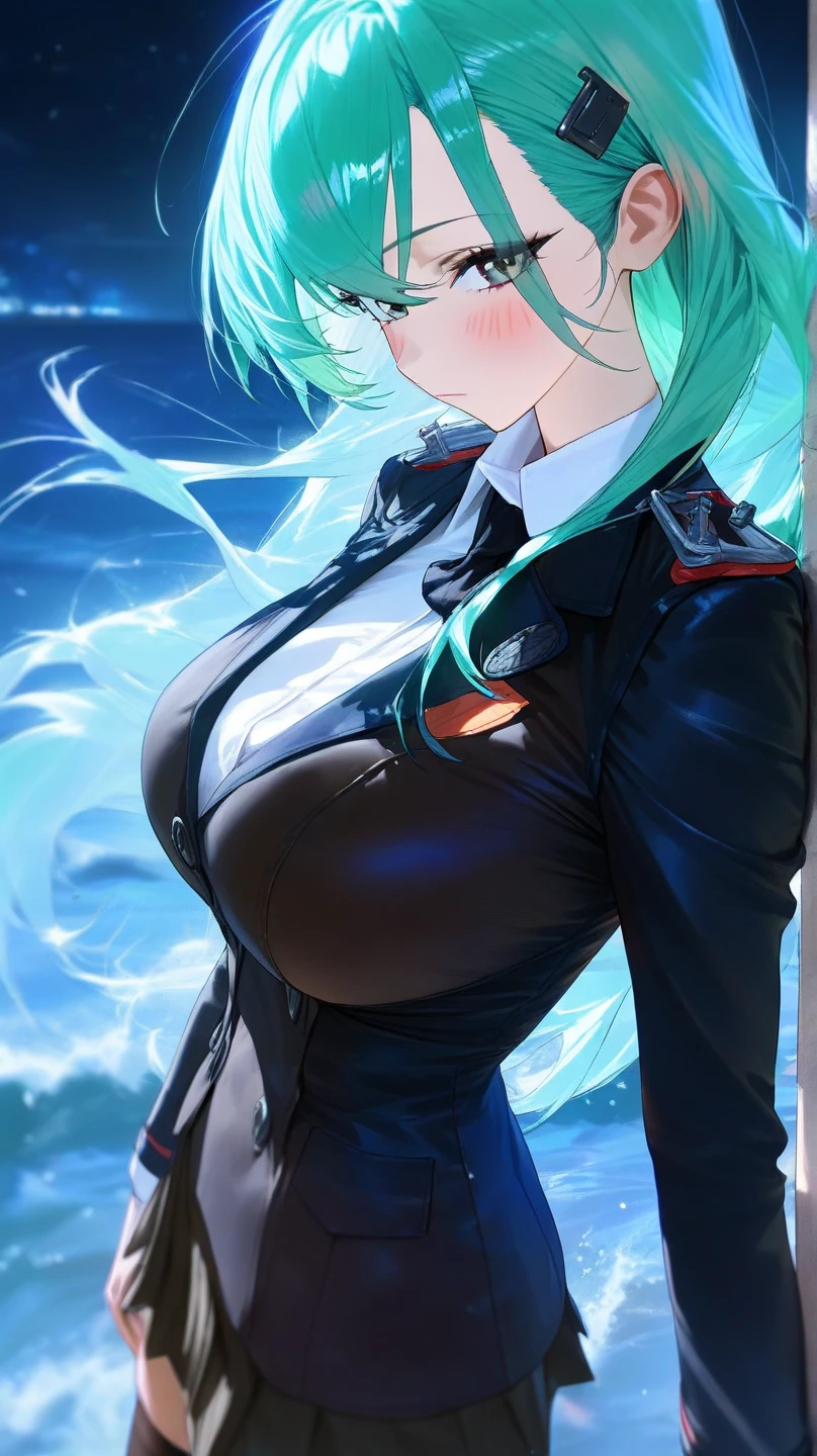 ubel,((ubel of Frieren: Beyond Journey's End )),dark green hair,long hair,side ponytail,hair between eyes,bangs, BREAK (beret, black jacket, open clothes, cleavage, midriff, black shorts, black thighhighs, thigh strap, fingerless gloves, single glove:1.2) , (dynamic angle:1.3, front view:1.1, breast focus:1.3, from below:1.2), (dynamic posing:1.5, sexy posing:1.2, leaning forward), (seductive smiling:1.3),(*K) HD, highest quality, WorKs of masters, High resolution, spread legs, panties shot,1 girl, small nose,(with sparkling eyes and a contagious smile), very beautiful detailed face and eyes, bright colors, cute face, delicate beautiful face, Bright magenta eyes, cute eyes, sparkling eyes, Big eyes, (big breasts:1.3), (perky chest:1.1), (pointed chest:1.0), medium hips, glamorous body, white skin, smile, thin pubric hair, shiny hair, super beautiful face, Super beautiful eyes, Super beautiful hair，trendy outfit，magazine cover，sexy and attractive，explosion of colors，big hairpin，full body esbian，illegal occupation, Real World, Natural light,perfect Natural light,looking at viewer,
