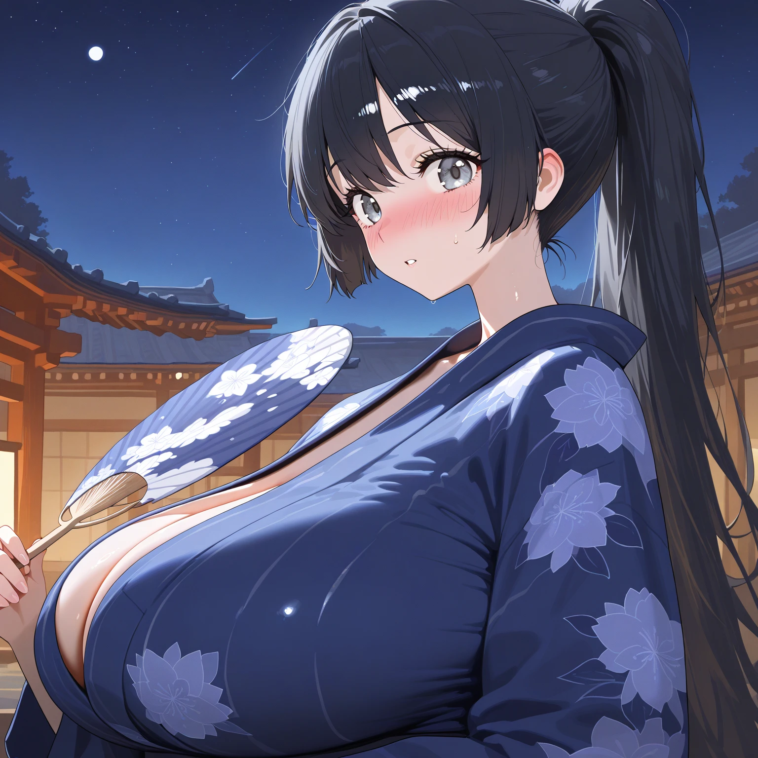 Ultra HD、Masterpiece、Best Quality、Top quality、Extremely detailed image quality、Realistic woman、A big smile、One Woman、45-year-old woman、Married Woman、Plump body、belly button、Long black hair、Shiny skin、Skin that is very shiny after applying oil、High gloss skin、Bursting Busty、Cleavage、(Beautiful patterned yukata:1.8)、Facing forward、The whole body is reflected、Wide Hips, Thick thighs, blush, Open your mouth, Arms behind back, Fireworks display, I can see the fireworks from my balcony, Are standing