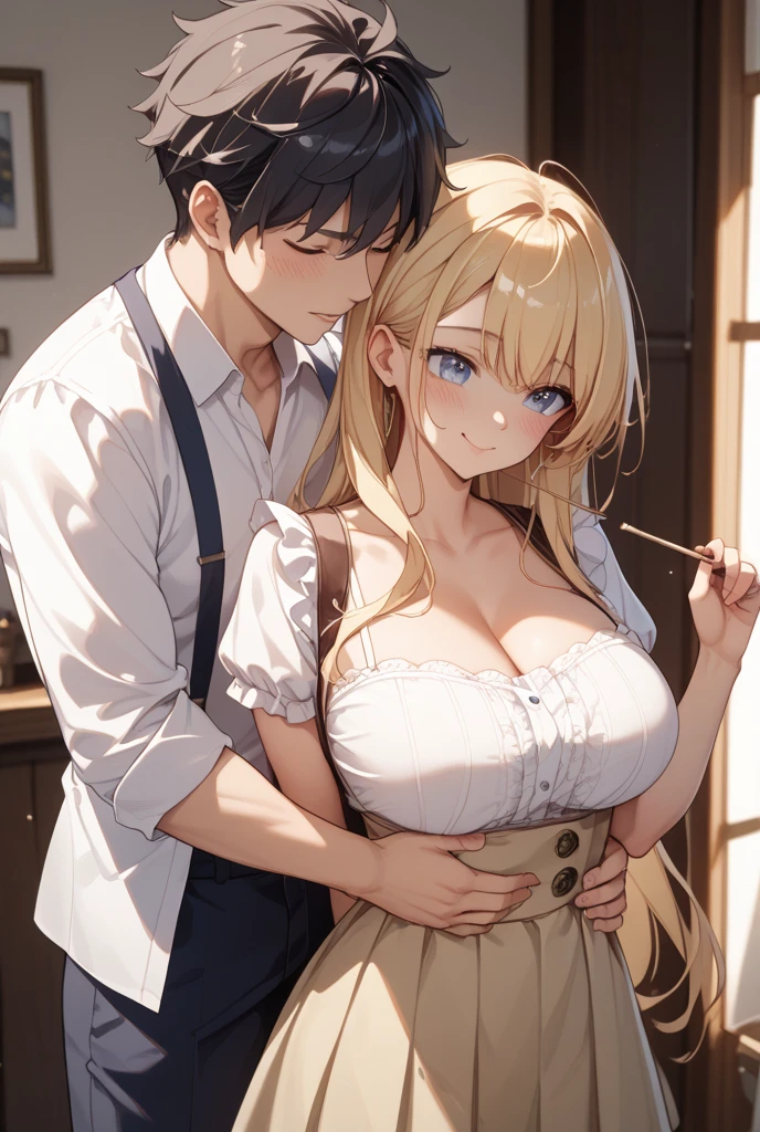 Perfect human body、2boy,2 girls、A couple、heterosexuality、 NSFW, (very highly detailed background、In front of the apartment), (((Stand next to the girl、Man puts his hands on girl's waist))), whitet-shirt、mini-skirts、鎖骨, ((woman with fever)), ((perspiring,steamy,college aged))), Cleavage is large、Colossal tits,((The expression of coloce flushed),