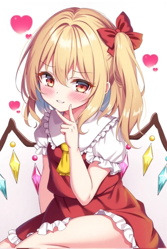 One girl. Idol style cartoon character, cute face, big mouth, big smile, angry eyes, droopy eyes, kind loving face, bright expression, blond twin-tail hair, red ribbon, wearing red ribbon, Halloween costume dress, open hands, face in focus, front view, red eyes , both hands, 5 fingers, no shadow on background, high quality