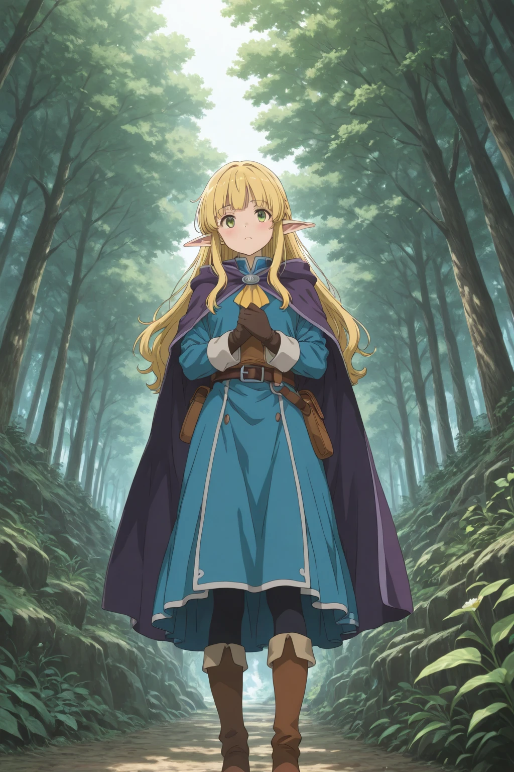 ((best quality)),((highly detailed)),masterpiece,absurdres,detailed face,beautiful face,(detailed eyes, deep eyes),1girl((dynamic pose)),  Mimosa, thighhighs, thigh boots, long hair, boots, orange hair, green eyes,  cape, solo, wavy hair, standing, blunt bangs, bangs, belt, zettai ryouiki, closed mouth, wall, cloak, brick wall, long sleeves, jewelry, capelet