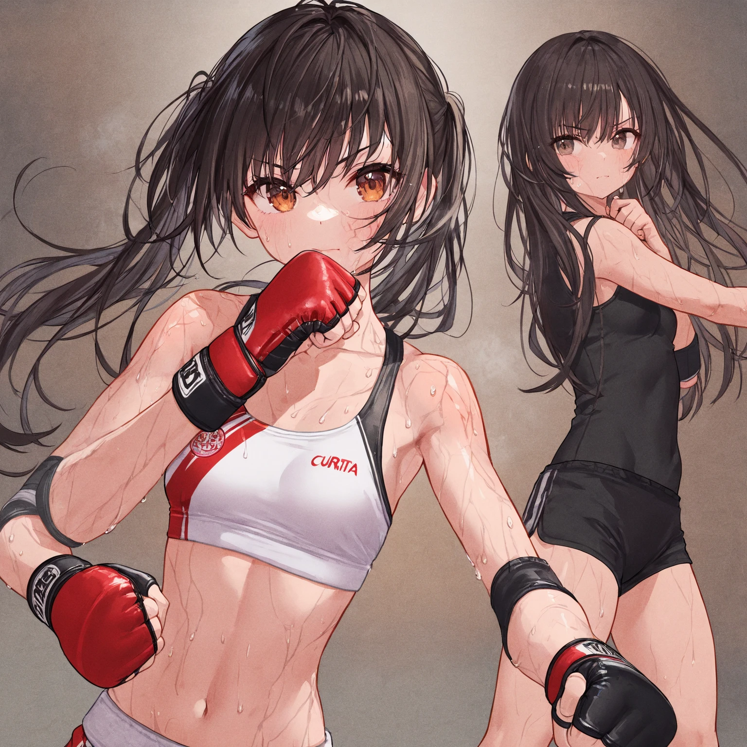 2 girls、fitness wear,　shortspats、Sportsbra、Tank Tops、​masterpiece、top-quality、realisitic、Hyper-detailing、(Glossy skin、be sweaty:1.4)、absurderes、Looking at the camera、short dark hair、Brown-eyed、A slender、动态照明、hight resolution、foco nítido、depth of fields、A detailed eye、Sharp eyes、Realistic eyes、(small tits:1.6)、(thick thight:1.0)、、Women's locker room、Locker Room、Shower room、Change of clothes、Half-undressed、Lower breast、pov from down、Full Body Display、Training Machine、Treadmill、Weight training、perspiring、moisture、punching bag、martial art、Boxer Size、Open Finger Gloves、shelves、punch、Spinning kick、Take off the bottom、Love Juice、A smile、red blush、teats、Clothing that shows through sweat、Kicking a punching bag、Punch to hit the ball、Covered with lotion、Muay Thai、catfight、Lotion Pro Wrestling、Climb into the ring、Spurling、Cross Counter、Martial arts、Command Sambo、Mount Position、Joint Technique、Upper Spinning Kick、Summer Salt Kick、emphasizing breasts、Take off your pants、