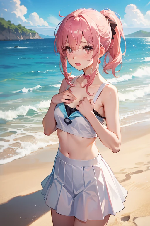 Nino Nakano is a character that appears in the anime "The Quintessential Quintuplets" 「The background is a sunny day at the sandy beach...」The eyes of this character are blue. My hairstyle is a bob cut with shockingpink color. This character is wearing a butterfly hair accessory. Please focus on this character. This character has a very lovely smile.high Quality. .. masterpiece,best quality,ultra detailed, My breast size is D cup. The background is a sunny day at the sandy beach. This character is wearing Skirt-style-bikini bikini.{ The color of this Skirt-style-bikini bikini is Blue green. } . Additionally, a glimpse of cleavage can be seen.
This character has their arms behind back